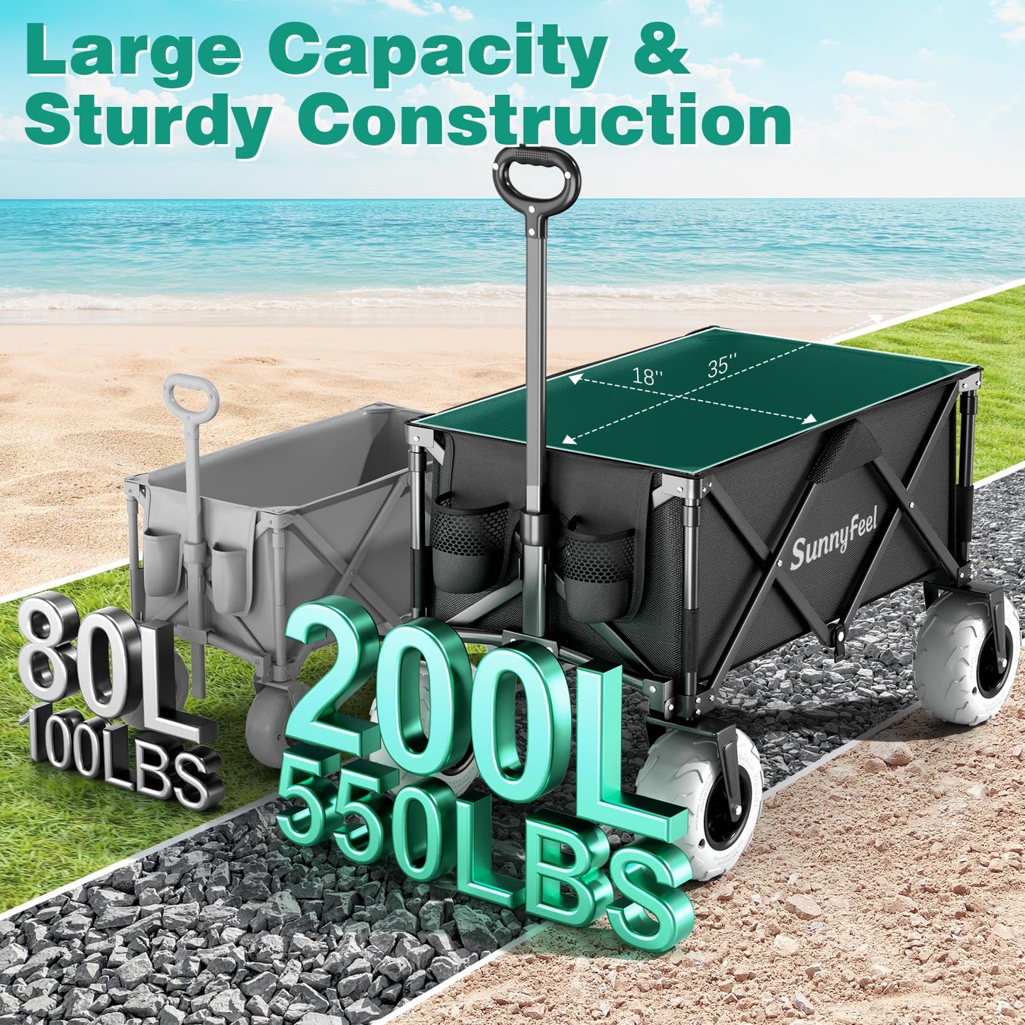 SUNNYFEEL 41" L Beach Wagon with Big Wheels for Sand - 550lbs Heavy Duty Folding Beach Wagon - All Terrain Steel Frame with 9" Pneumatic Tires for Beach,Camping,Sports,Garden (Black)