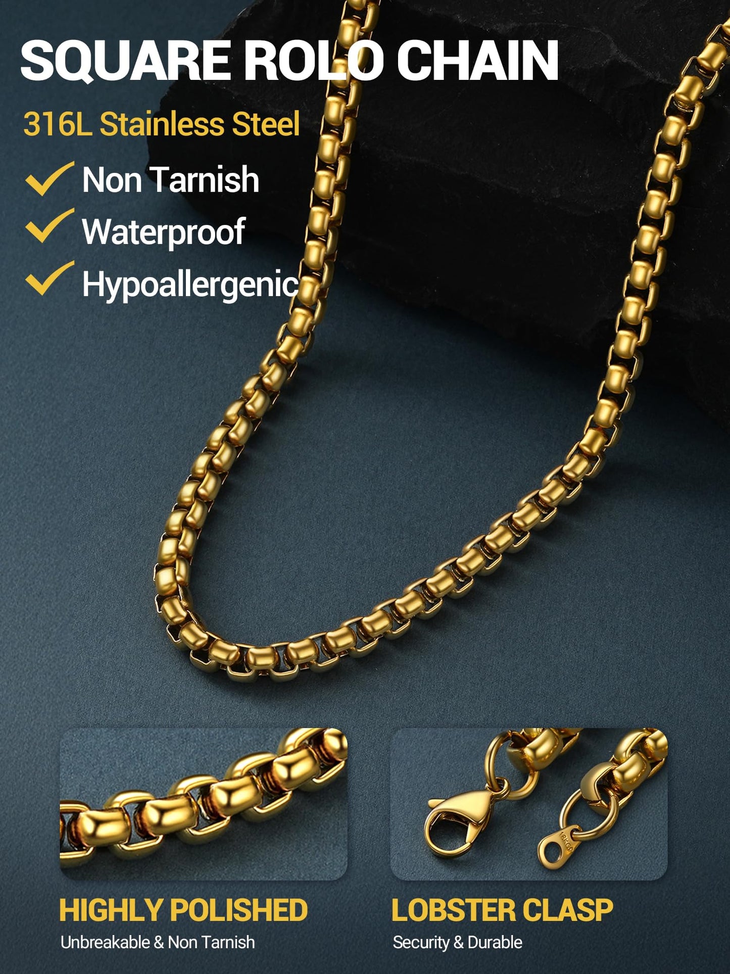 PROSTEEL Squre Rolo Link Chains, 18K Gold Chain Necklace Waterproof & Non Tarnish 6mm Stainless Steel Link Chains for Men and Women Jewelry with Gift Box 18in