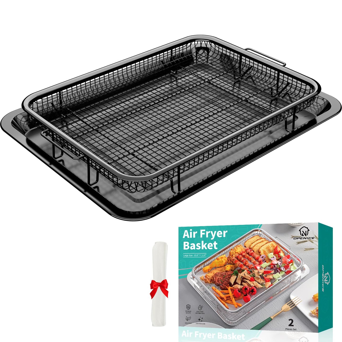 Air Fryer Basket for Oven, OPENICE 15.3" x 11.0" Air Fryer Tray and Pan Set with 30PCS Parchment Papers, Stainless Steel Oven Air Fryer Basket and Tray for Baking Grilling - Black