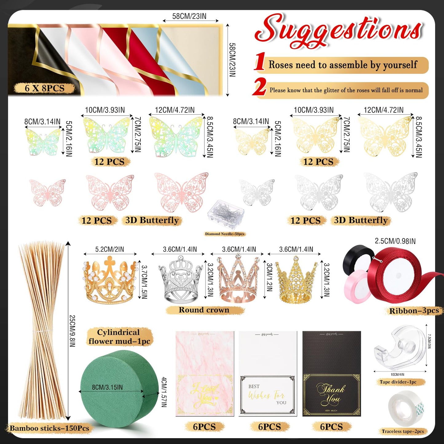 Fullhawl Money Bouquet Kit 48 Sheets Flower Wrapping Paper 48 Butterflies 4 Crowns 18 Cards 150 Bamboo Skewers Flower Bouquet Accessories for Birthday, Graduation, Wedding Gifts(Chic Colors)