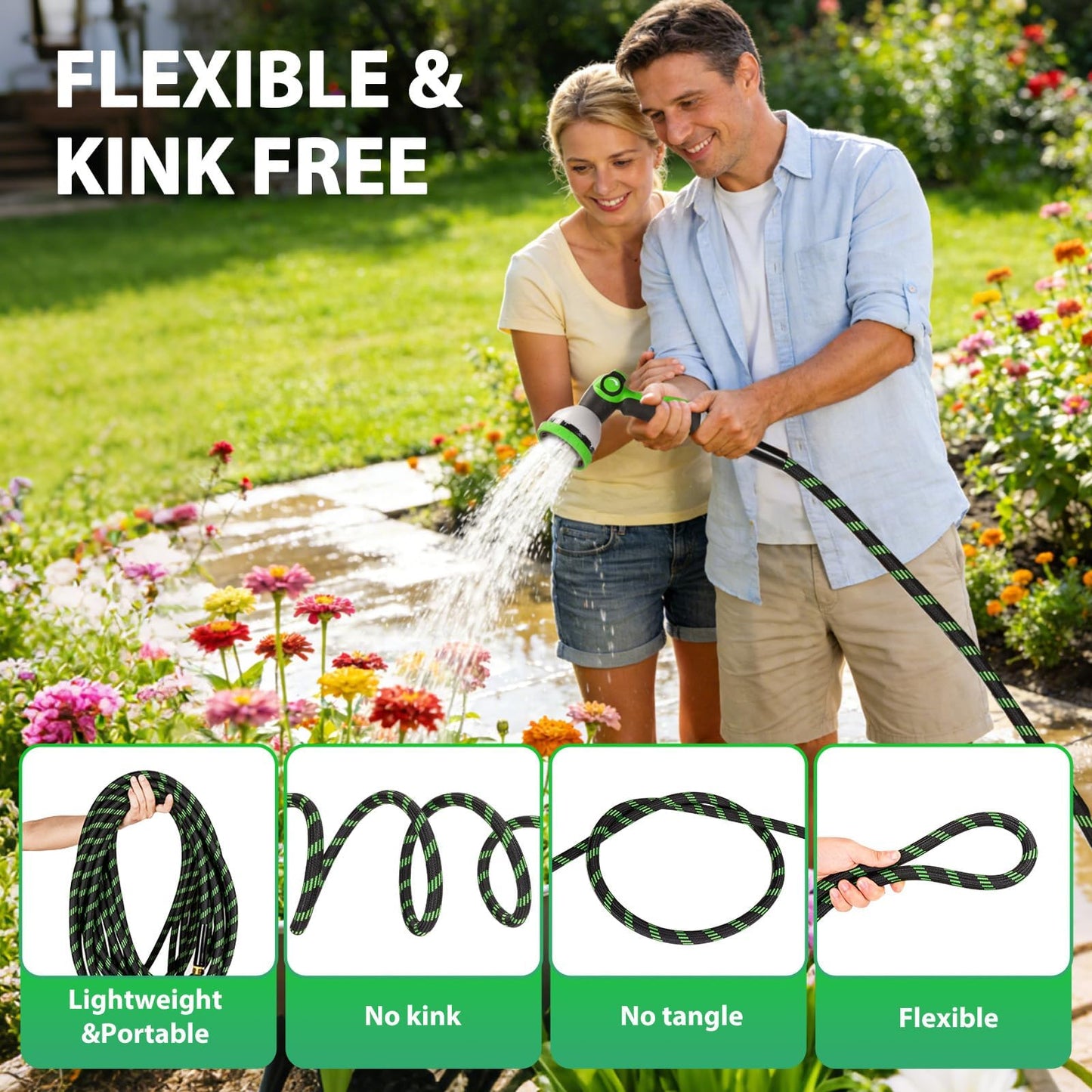 Ahititi Garden Hose 25 ft Water Hose Flexible Non-Expandable Outdoor Heavy Duty Lightweight Leakproof Kink-free flex Watering Hose Pipe for 3/4 inchs Fitting Yard Lawn Outside Car Wash