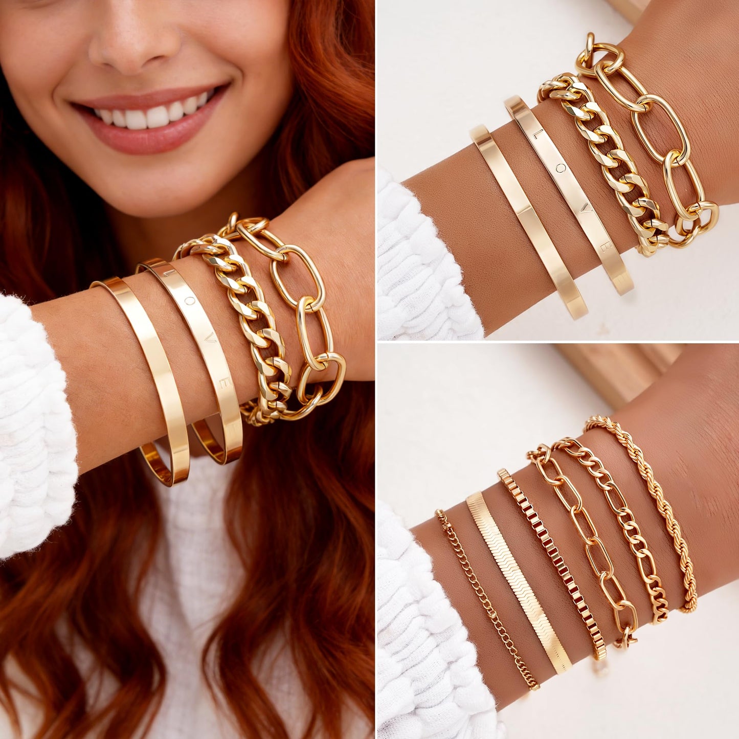 FAXHION 68 Pcs Gold Jewelry Set for Women with 7 Necklace, 17 Bracelet, 5 Hoop Earrings, 15 Stud Earrings, 24 Knuckle Rings for Women Jewelry Set for Women