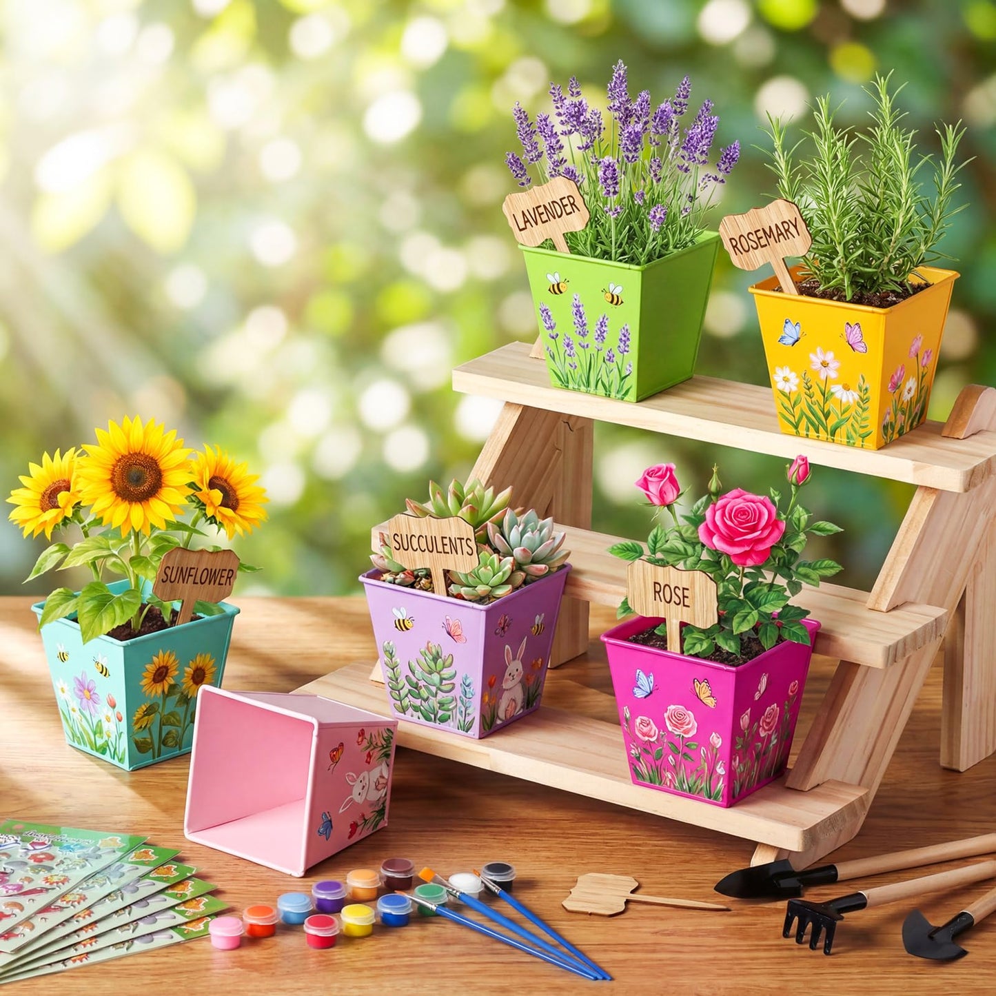 Ferrochef 6 Sets Flower Pot Painting Kit DIY 6 Colorful Metal Iron Plant Pots Acrylic Paint Stickers Brushes Plant Labels Gardening Tool Kit for Planting Crafts Mother's Day Graduation Creative Gift