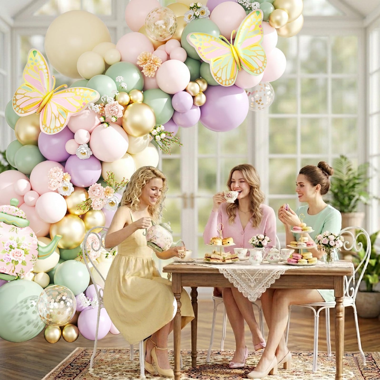 Tea Party Decorations Pastel Purple Pink Sage Green Gold Balloon Garland Arch Kit with Teapot Butterfly Foil Balloon for Tea Party Princess Birthday Spring Garden Baby Shower Bridal Shower Decoration