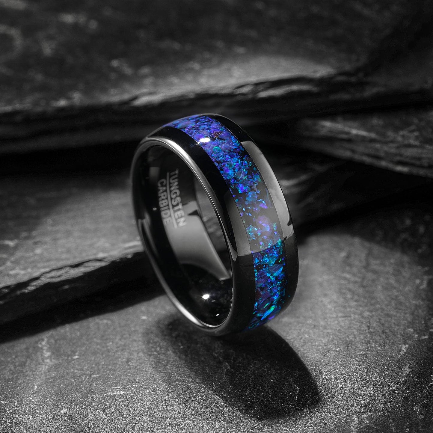 NUNCAD Mens Wedding Ring Tungsten Blue Opal Inlaid Men Black Ring Wedding Band Dome Polished Finish 8mm Comfort Fit Sizes 7