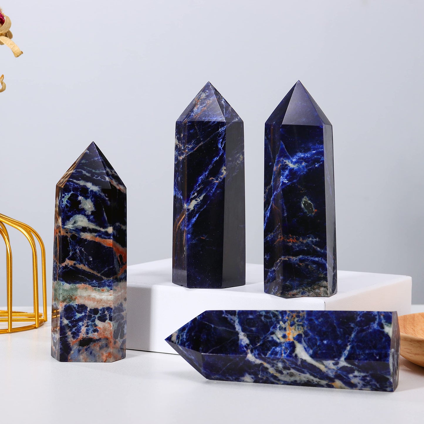 Runyangshi Large Sodalite Natural Healing Crystal Wand 4.72"-5" Blue-Veins Stone Quartz Tower 6 Faceted Single Point Crystals Prism Wand for Meditation Reiki Chakra Therapy Home Decor Gift