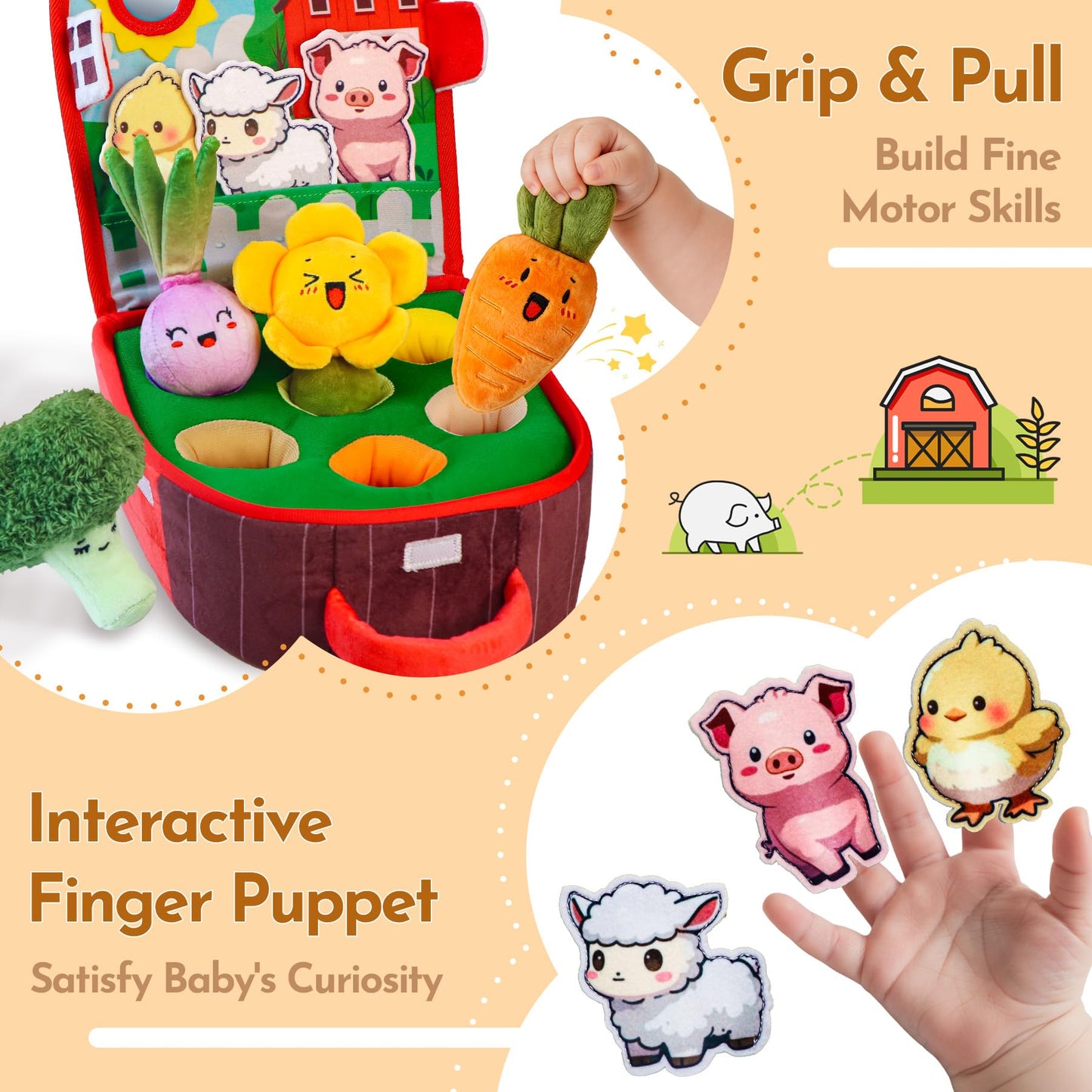 Teekdeer Baby Toys 6-12 Months, Farm Vegetable Garden Plush Toy with Animal Finger Puppets, 6 Month Old Montessori Sensory Toys with Rattles, Mirror, Squeaker, Textures, Teether, Easter Boy Girl Gifts