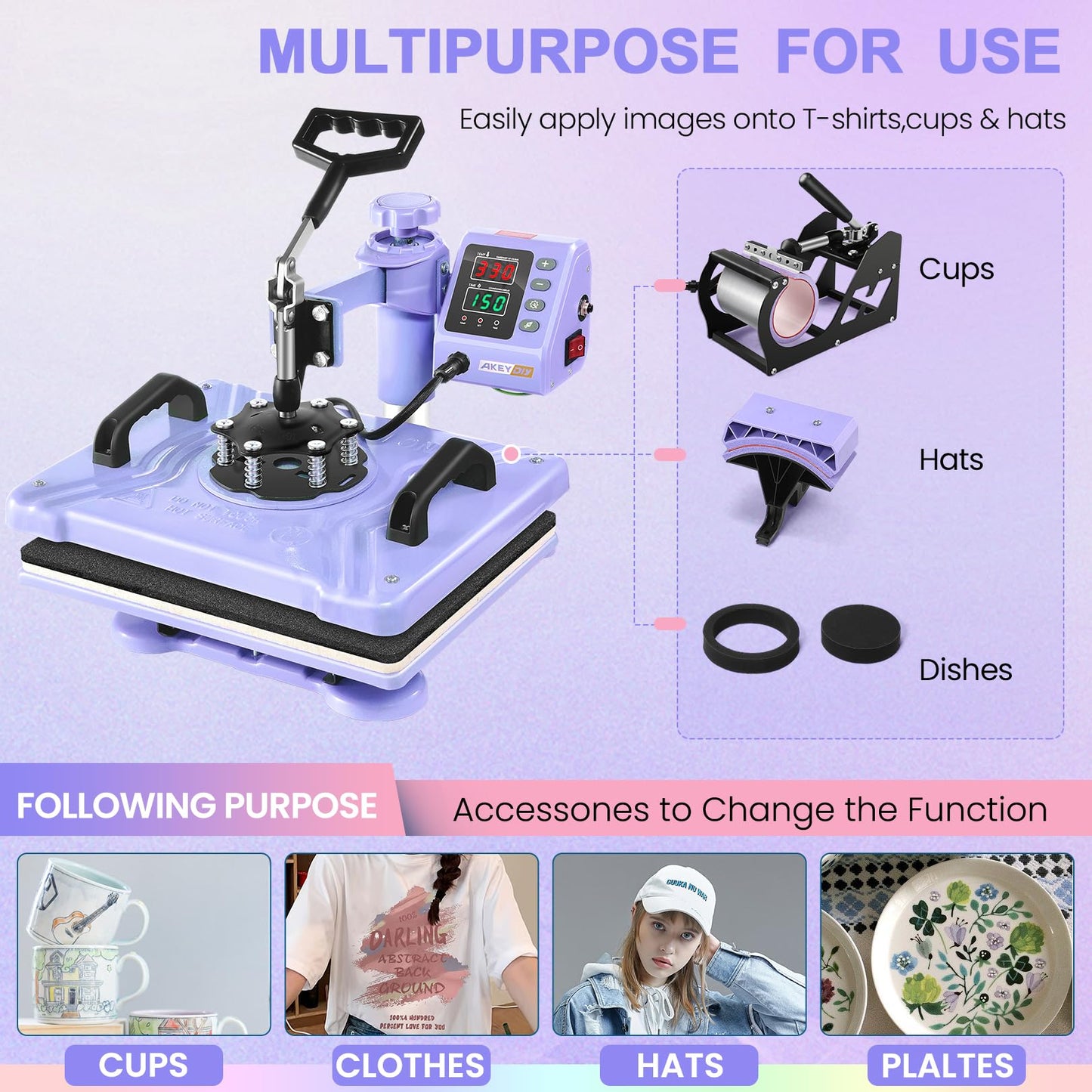 AKEYDIY Upgraded 5 in 1 Heat Press Machine for Tshirts 12X15 Inch, 360° Swing Away Shirt Press Machine for Sublimation, Multifunctional Heat Transfer Machine Combo for Shirts (Purple-5 in 1)