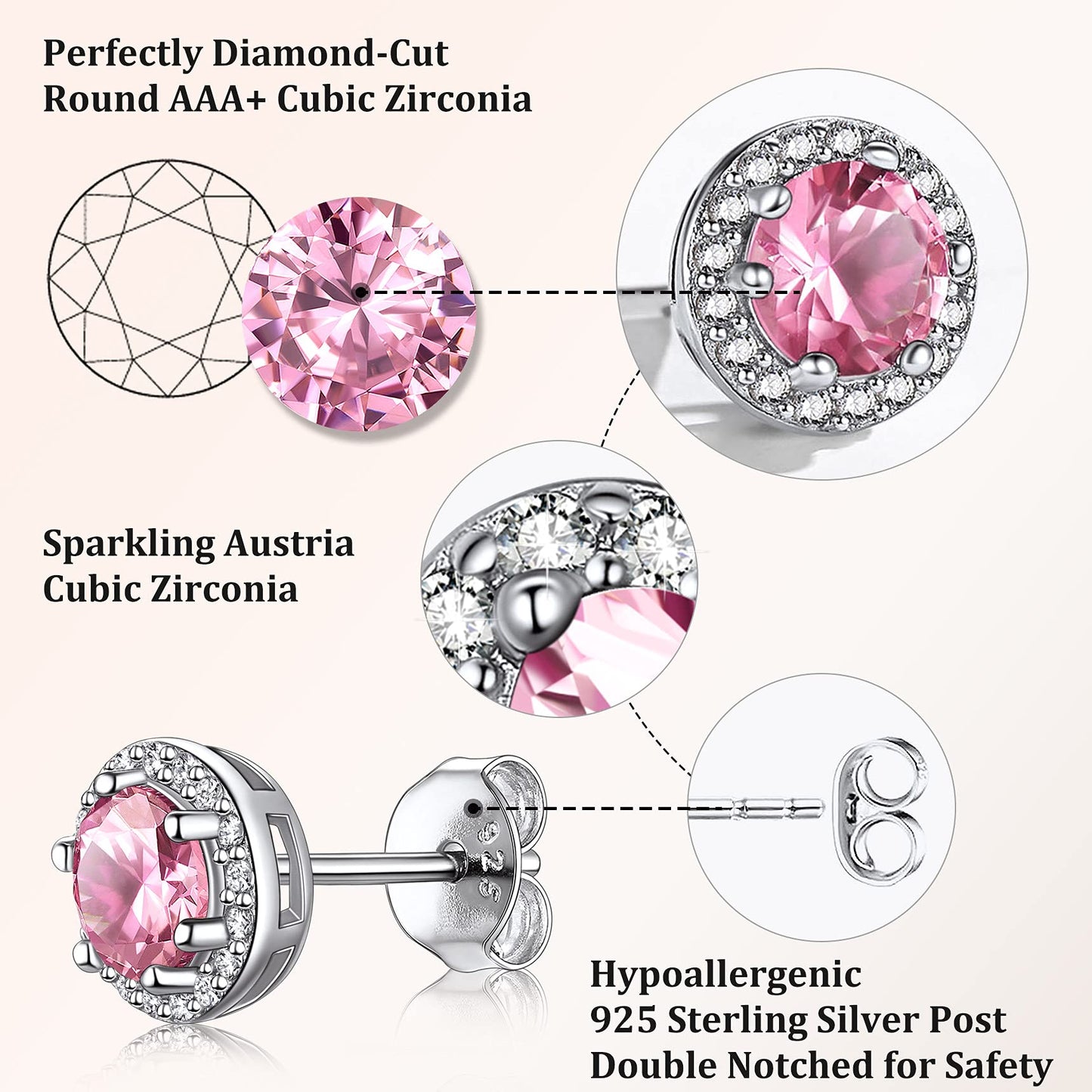 Bestyle Infinity Love Round Stud Earrings with October Pink Tourmaline Birthstone Crystal, Brilliant Love Round Diamond Studs Statement Jewelry for Women