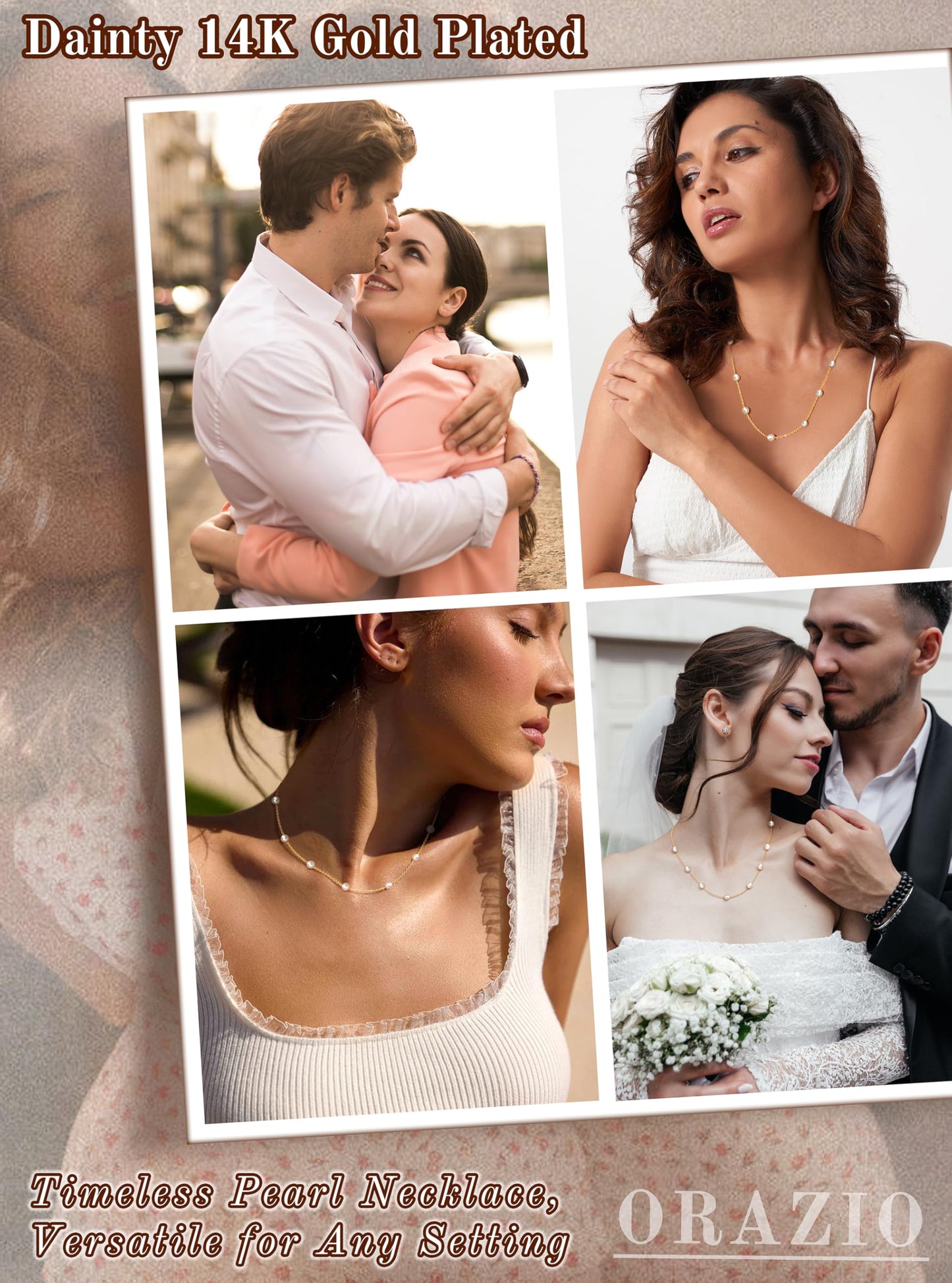 ORAZIO Dainty Gold Pearl Necklaces for Women, 14K Gold Plated Faux Pearl Choker Necklaces Trendy Small Pearl Necklace Strand Wedding Prom Bridal Pearls Jewelry Gifts 20 in 8mm