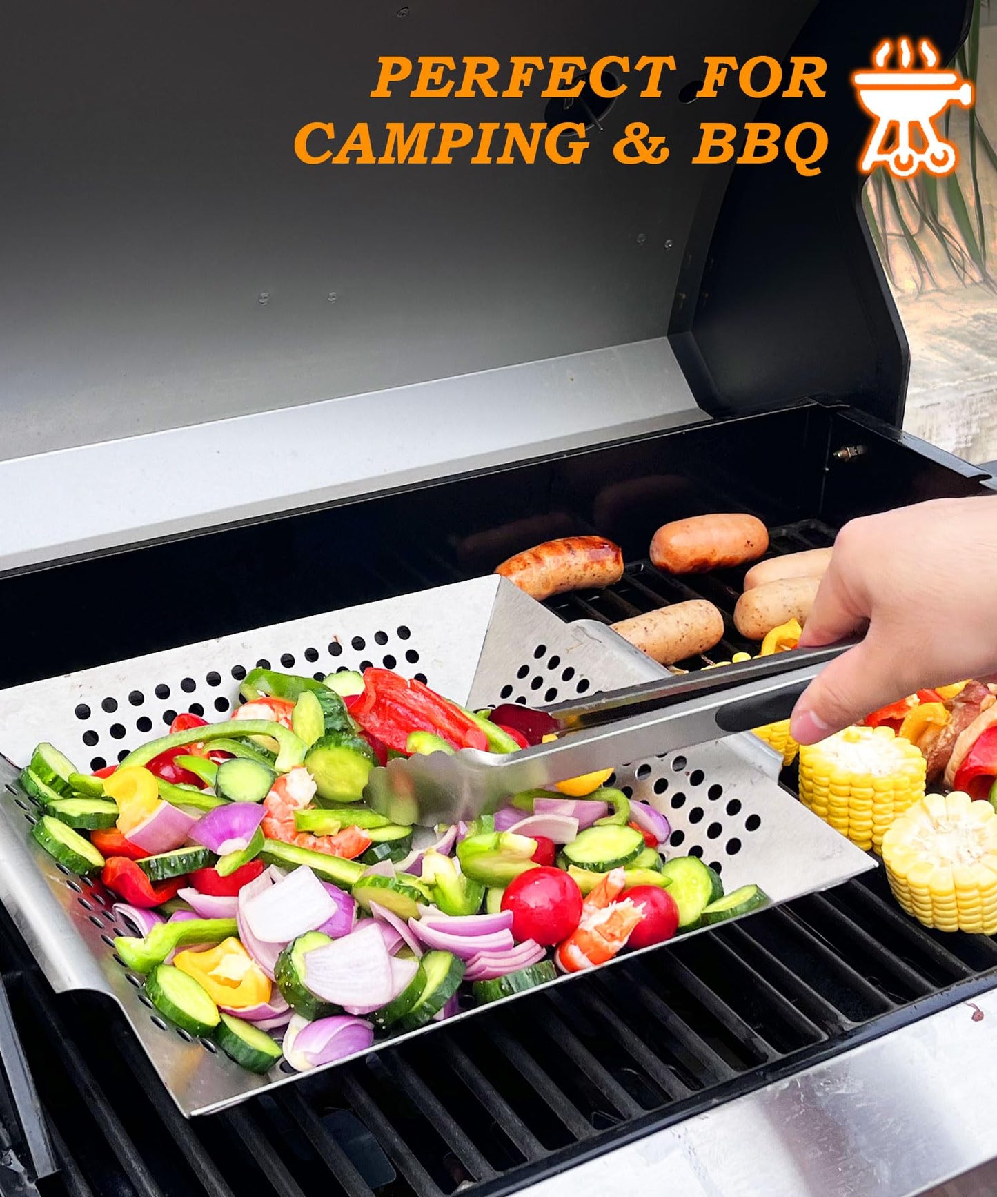 Foedo Grill Basket for Outdoor Cooking 13.4 Inch, Stainless Steel Vegetable & Fish Grilling Tray with Handle, Nonstick Dishwasher Safe BBQ Accessories for Camping, Backyard BBQ
