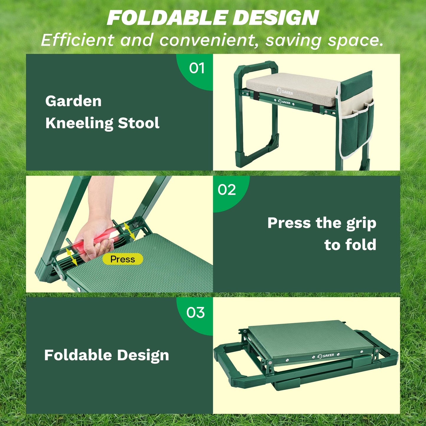 Saker Garden Kneeler and Seat Foldable Gardening Stool with Extendable Legs & Thickened Pad, Tool, Heavy Duty 500lbs Support for Elderly, Gardening, Outdoor Use