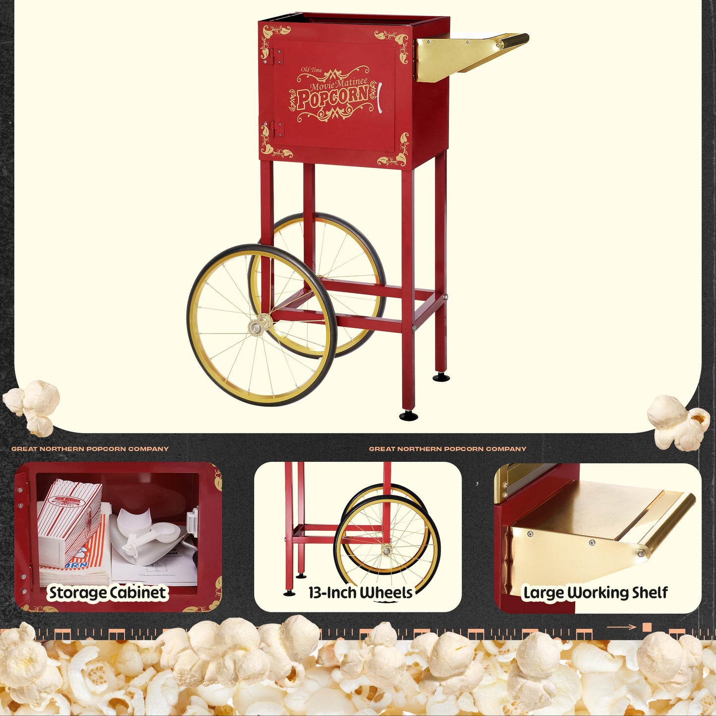 Matinee Popcorn Machine and Cart – 3 Gallon Popcorn Popper, 8oz Kettle, Warmer, and 5 All-In-One Kernel Packs by Great Northern Popcorn (Red)