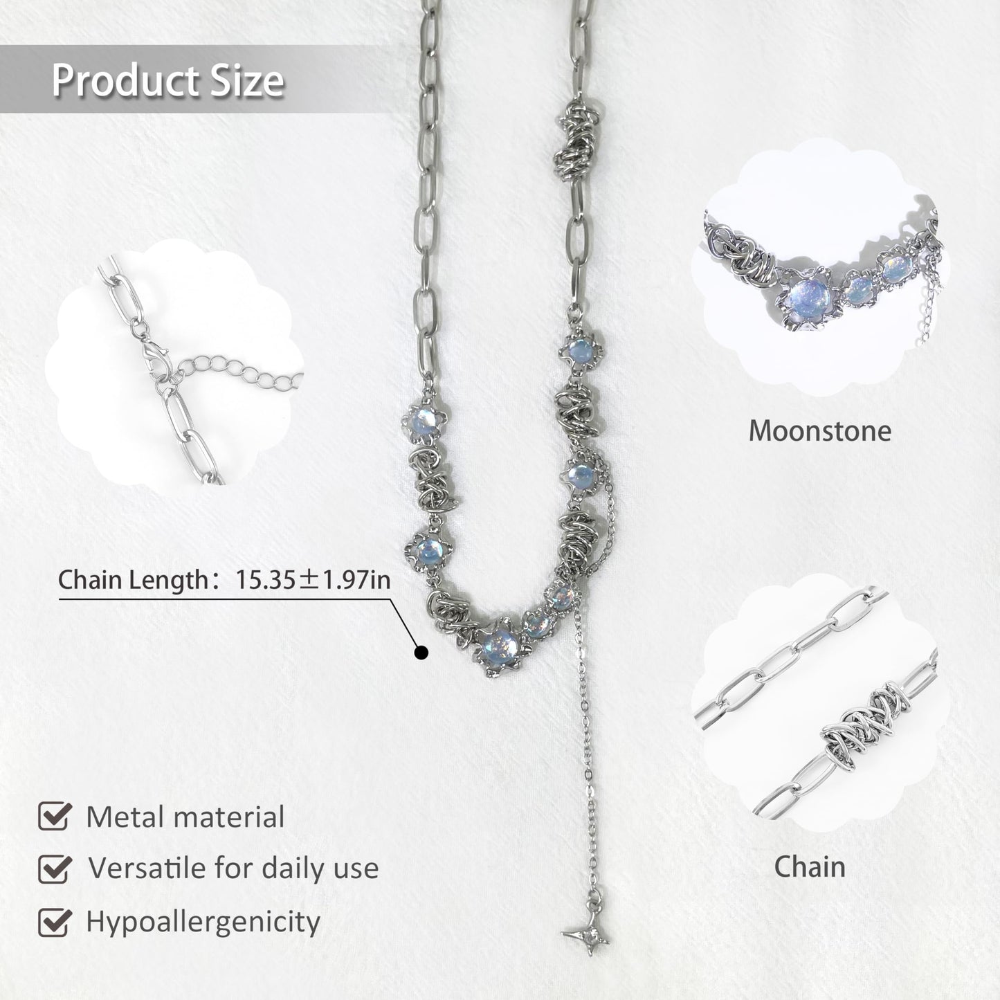 Buyongwant Irregular necklace for Women Y2k chain Moonstone Cat Eye Stone Star Fashion Asymmetric tassel pendant Silver Jewelry