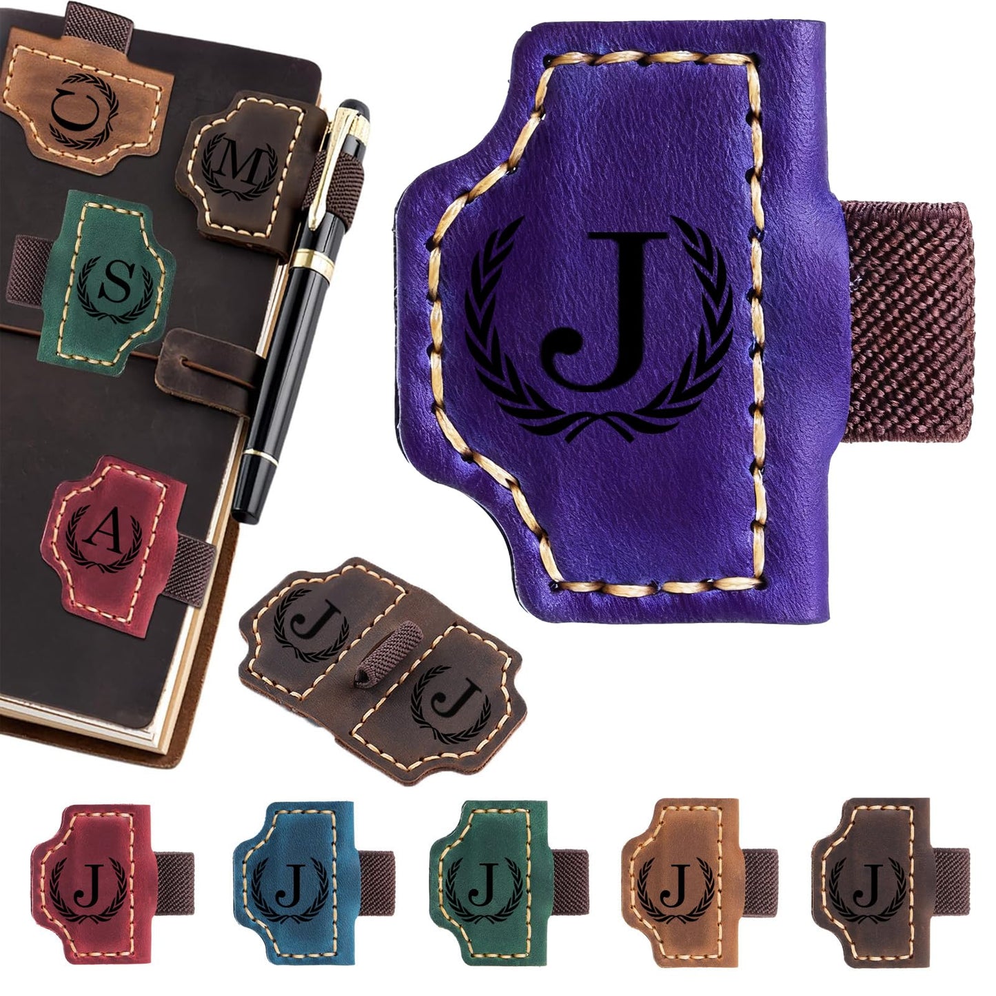 Artlaza Personalized Magnetic Leather Bookmark with Pen Holder - 26 Letters Custom Book Mark with Name Initial Engraved Book Marker for Readers, Book Lovers, Travelers - Gift for Women & Men(Purple，J