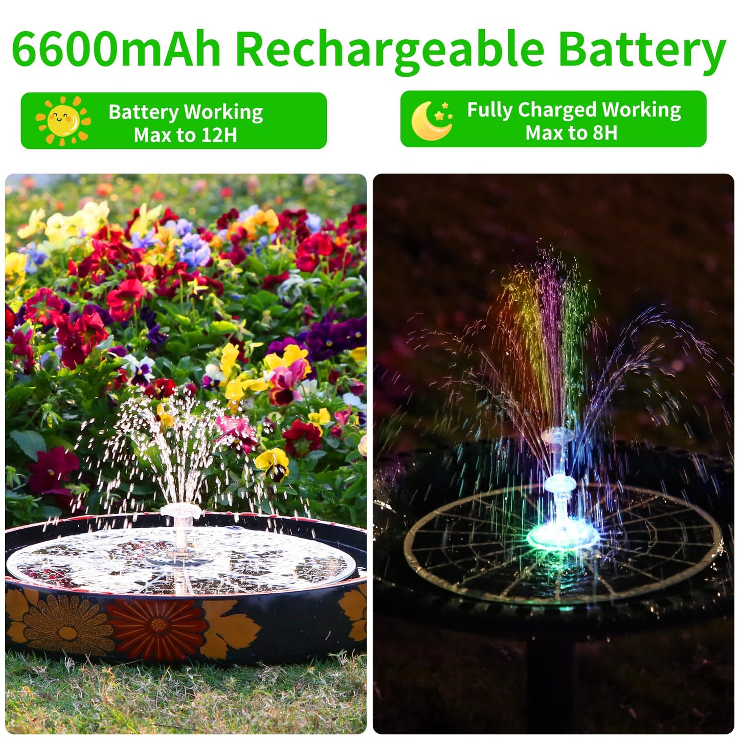 AISITIN 9W Solar Fountain Pump 2026, Solar Water Fountain Kit with 6600mAh Rechargeable Battery & 14 Nozzles & Charging Cable & Remote Control & 11 Colorful LED Lights for Garden Pond Pool Outdoor