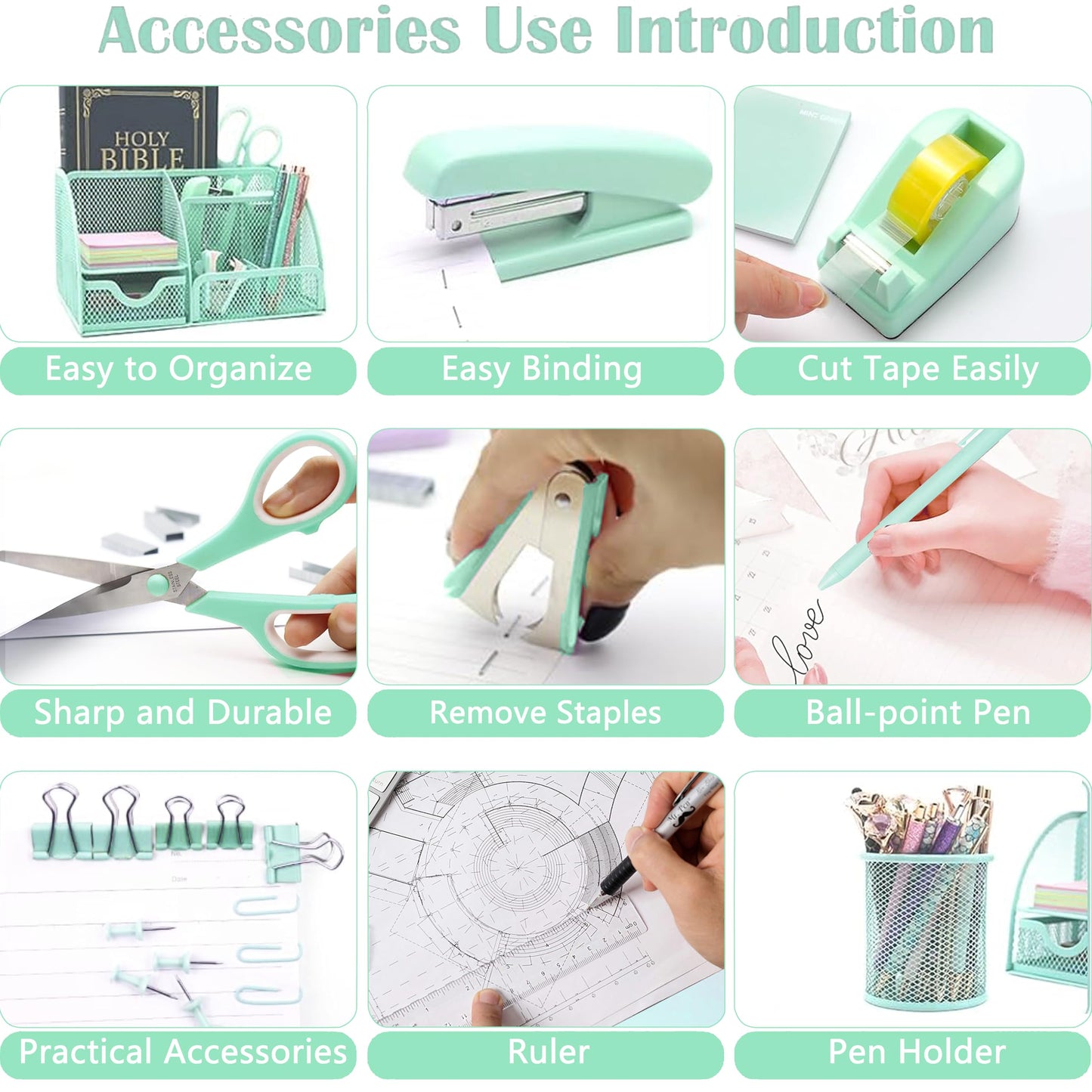 Green Office Desk Accessories Supplies, 12pcs Desk Organizers and Accessories with Tape dispenser and Stapler,Staples,Staple Remover,Pen Holder,Scissor,Ruler,Sticky Tabs,Tape,Ballpoint Pen,Clips Set