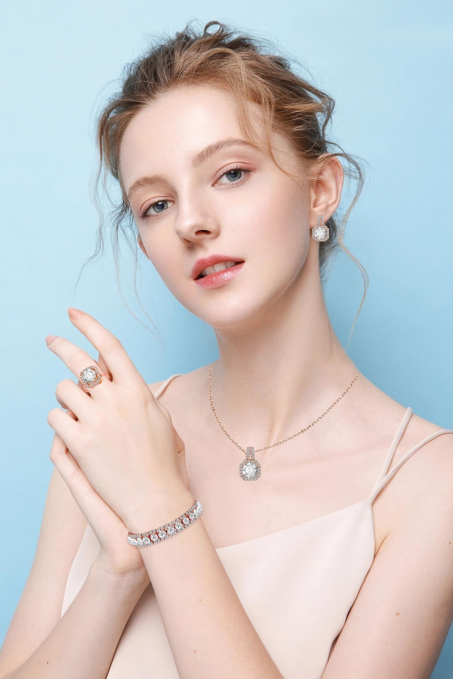 Paxuan Crystal Rhinestone Wedding Jewelry Sets Bridal Pendant Necklace Stud Earrings Link Bracelets Rings Set for Women (Gold Plated White Cubic Zirconia)