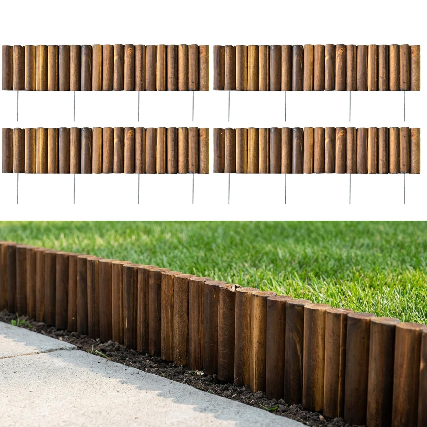 LaLaGreen Decorative Landscape Edging (30"x6", 4 Pack) Brown Wooden Fence Panels with Metal Stakes, Flowers Bed Landscape Fencing for Lawn Yard Patio Pathway Decor Tree Rings Garden Barries Outdoor