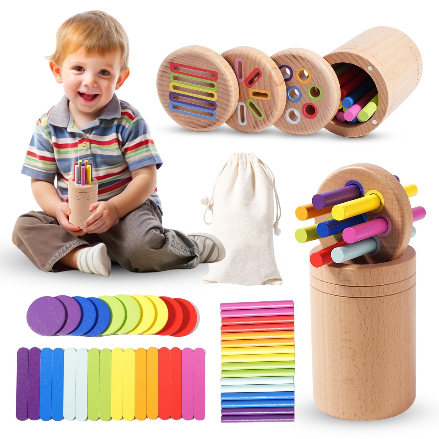 YAANI Montessori Toys for 1-3 Year Old: Wooden Sorting Sticks Toys for Toddlers Age 1 2 3, Fine Motor Developmental Infants Sensory Matching Games, Busy Board 18 Month Old Baby Boys Girls Gifts
