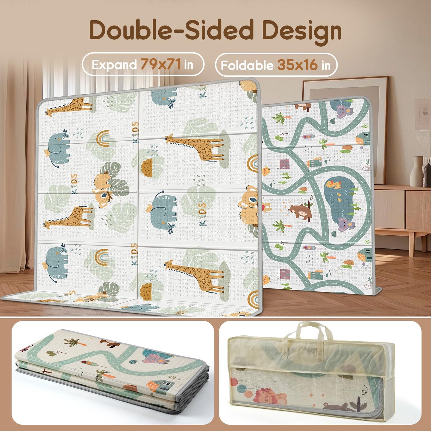 Foldable Baby Play Mat for Floor, PIGLOG 79x71 Extra Large Crawiling Play Mat for Babies, Waterproof & Portable Tummy Time and Non-Toxic Soft Foam Playmat for Infants, Toddlers, Giraffe
