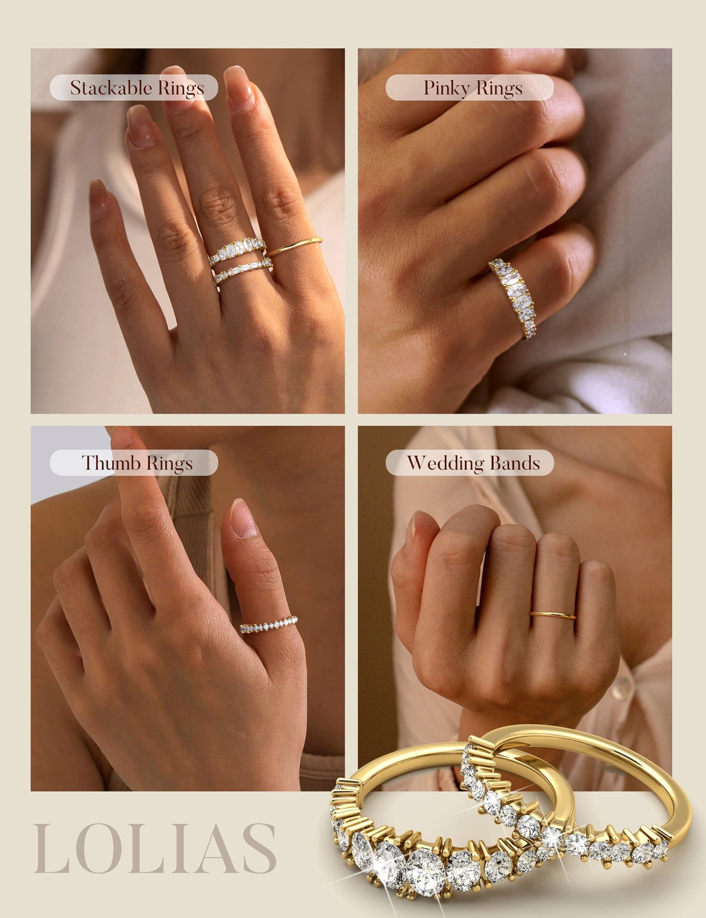 LOLIAS 14K Gold Plated Stackable Rings for Women Non Tarnish - Dainty Cubic Zirconia Wedding Bands Ring Set Minimalist Trendy Statement Engagement Promise Thumb Rings Stacking Size 5-10 Size 10.5