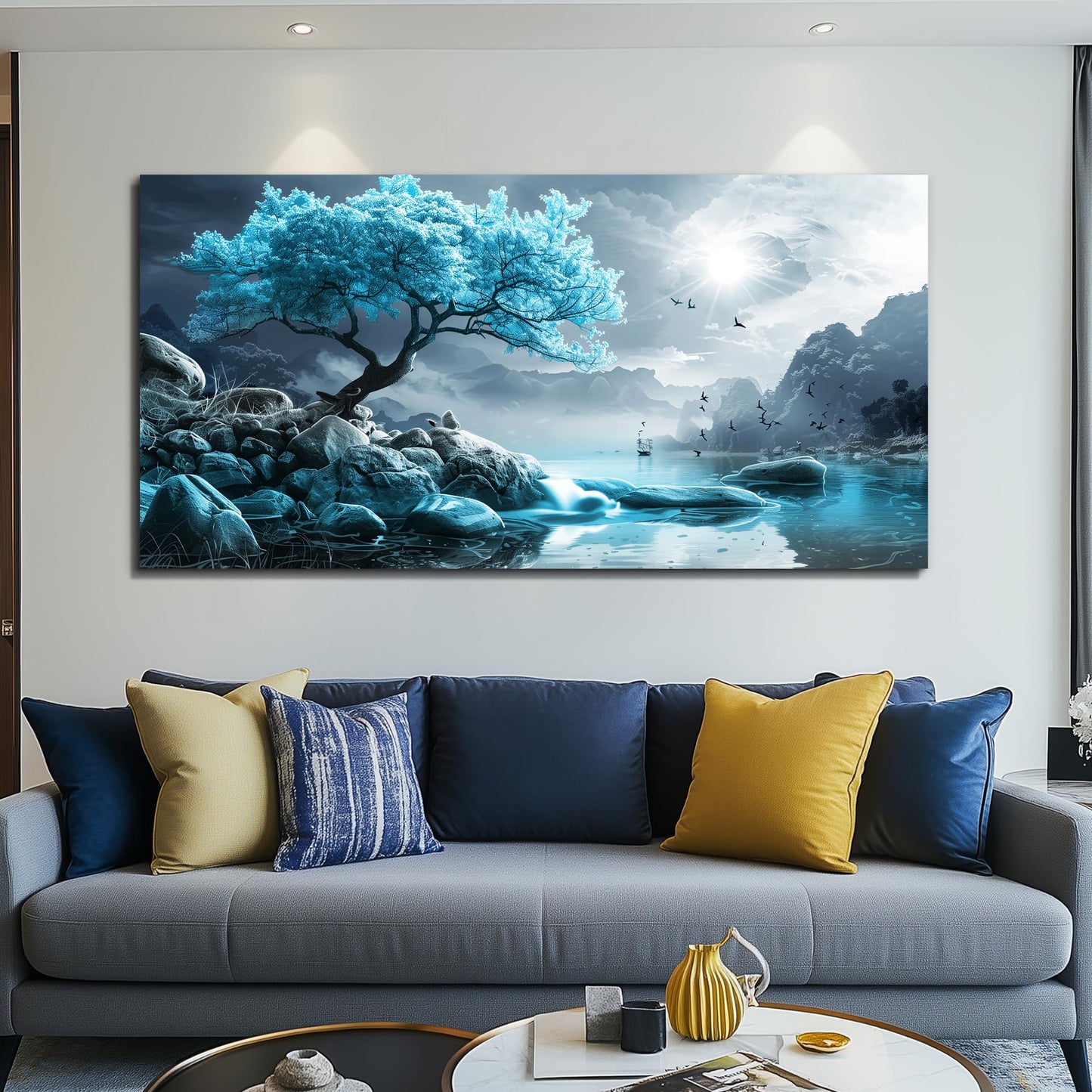 KELIYUAN Large Wall Art For Living Room Canvas Wall Decor Bedroom Blue Tree Landscape Wall Paintings Black And White Pictures Office Mural Framed Prints Artwork Modern Home Decorations 30x60in