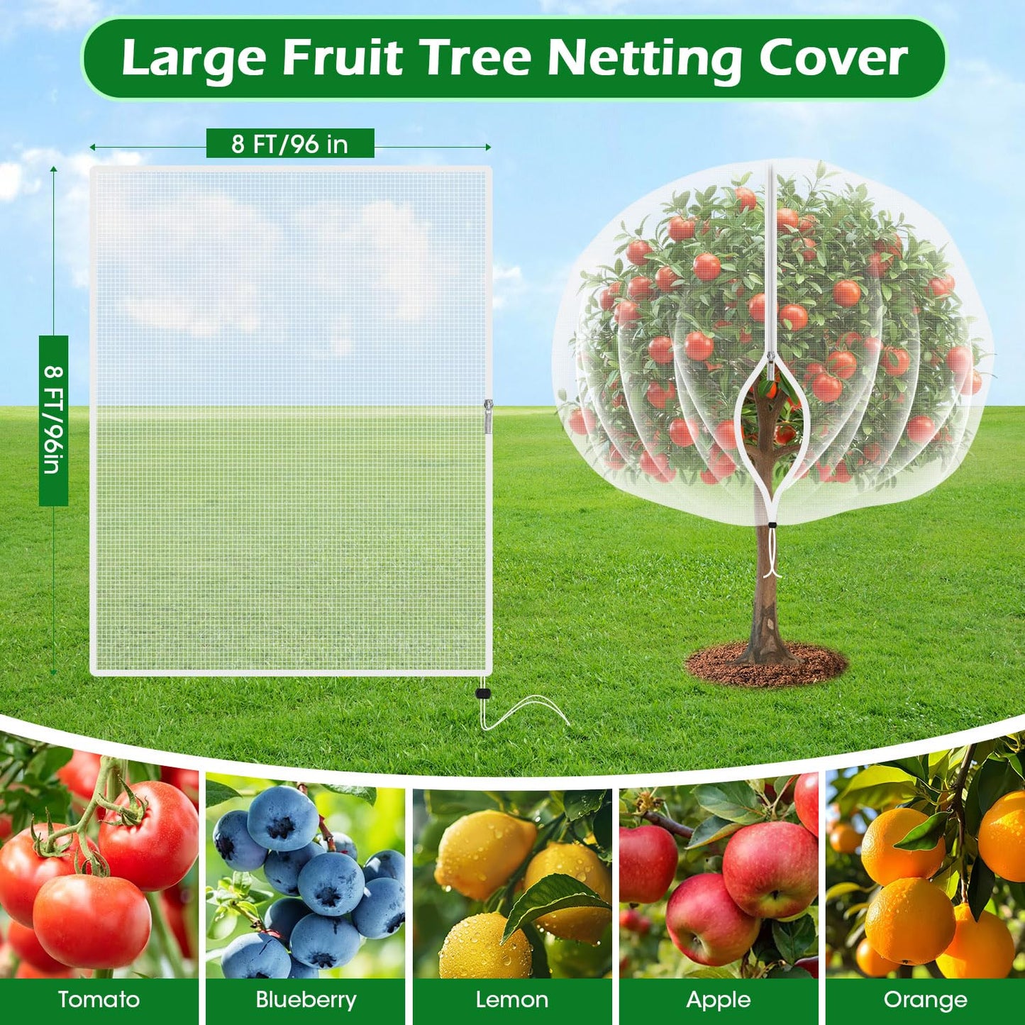 8'x8' Fruit Tree Netting Cover with Zipper and Drawstring, Ultra-Fine Mesh Garden Plant Insect Pest Net Barrier Protection Covers to Prevent Squirrel Bird Deer Cicadas Bag for Blueberry Tomato-1Pcs