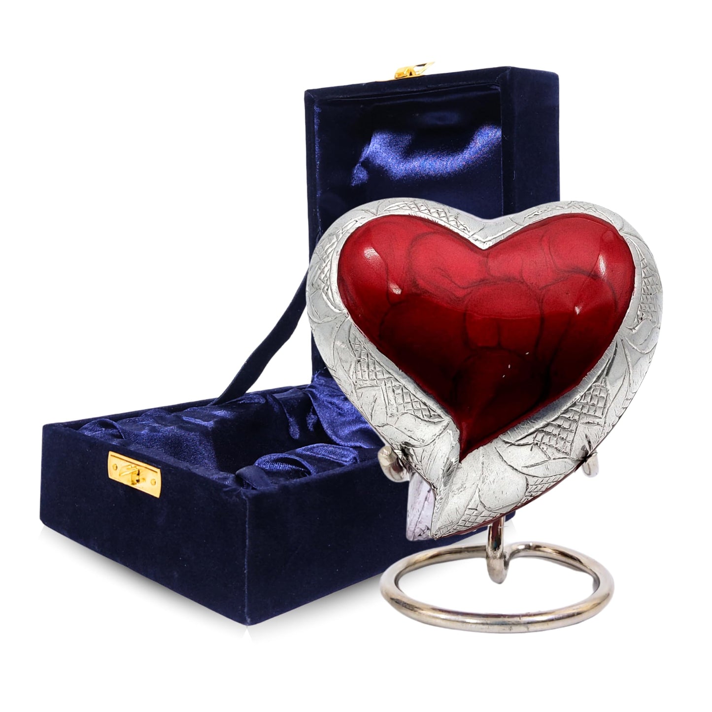 NORSE'S TRADECRAFT Heart Mini Urn for Ashes Adult Male, Female | Memorial Gifts with Velvet Box & Stand l Handcrafted Cremation Urns for Human Ashes, Pets | Red Heart with Engraved Design - 3 cu in