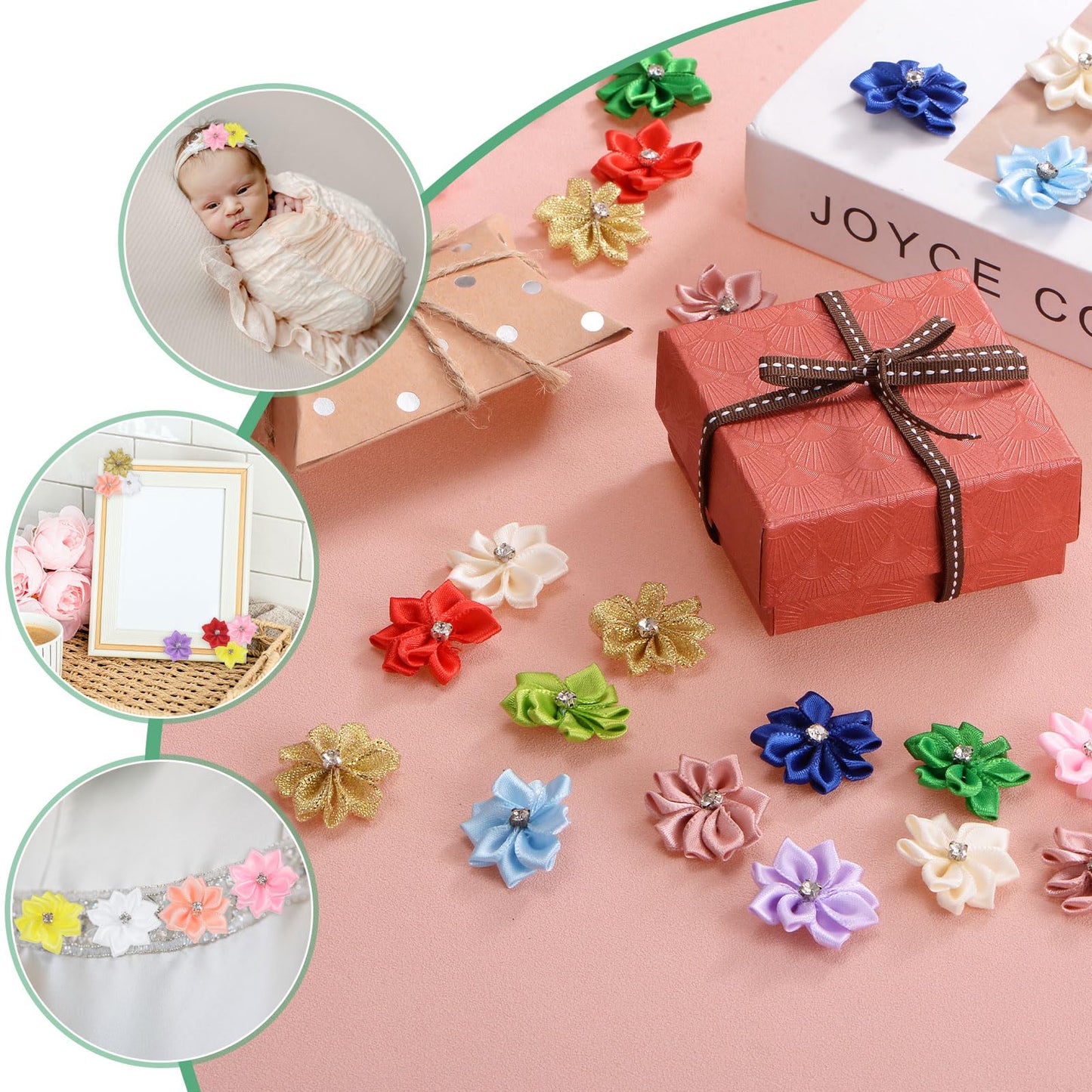 M METERXITY 200-Pack Satin Ribbon Flowers, 1.2 Inch Mini Fabric Flowers with Rhinestones Flower Ribbon Appliques for Crafts DIY/Wedding/Ornament/Party/Home [Blue]