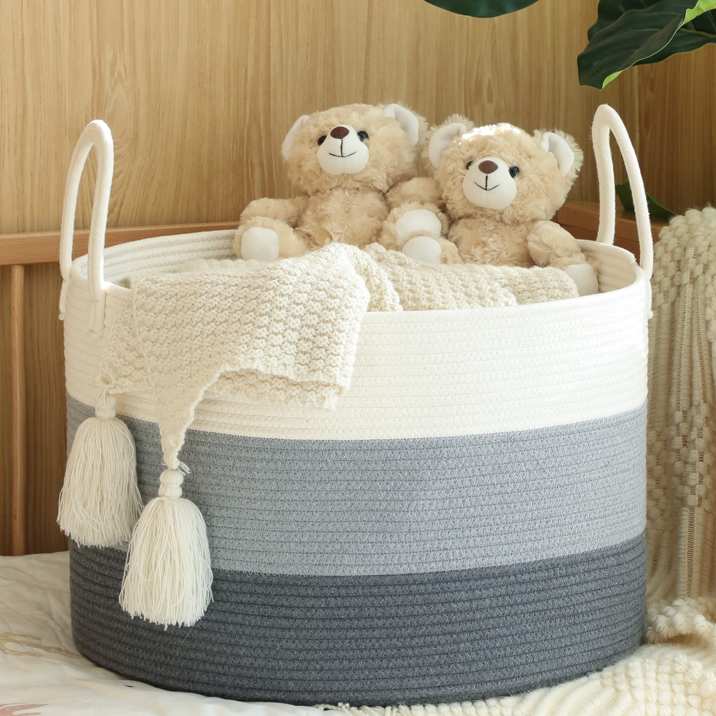 KAKAMAY Large Blanket Basket (20"x13"),Woven Baskets for storage Baby Laundry Hamper,Cotton Rope Blanket Basket for Living Room, Laundry, Nursery, Pillows, Baby Toy chest with Handles (White/Grey)