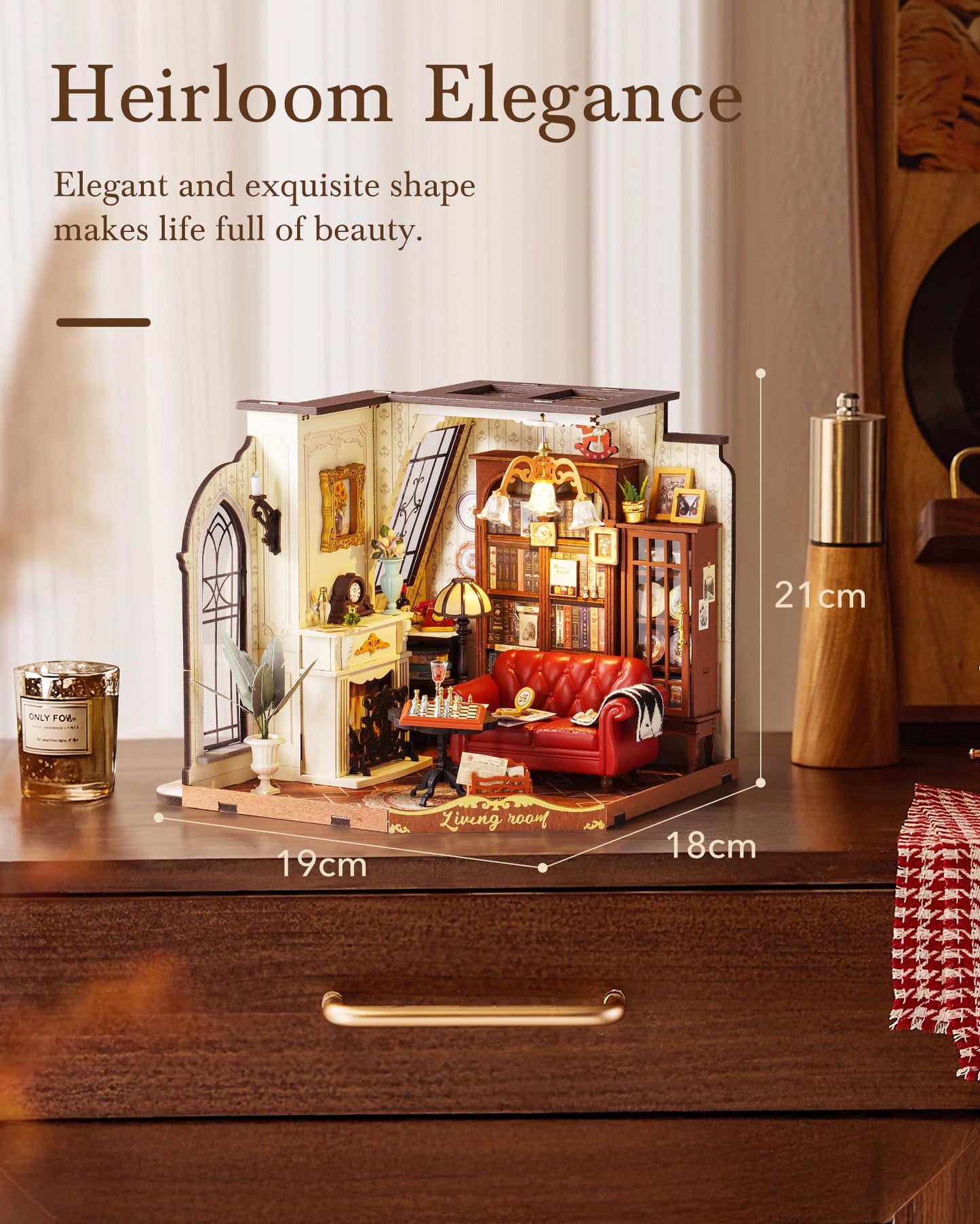 Rolife DIY Miniature House Kit Victorian Parlor 1:18 Scale Dollhouse Diorama, Tiny House Building Kit Antique Bookshelf Display Crafts for Adults Gift for Boys Girls (Catherine's Living Room)