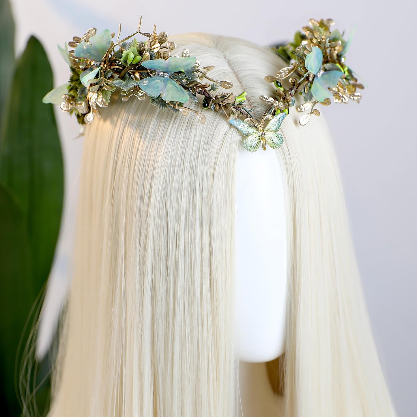 MOSTORY Butterfly Fairy Accessories Set - Green Flower Elf Crown Elf Ear Cuffs Kit for Woodland Renaissance Costume Women Forest Fantasy Fairycore Cosplay