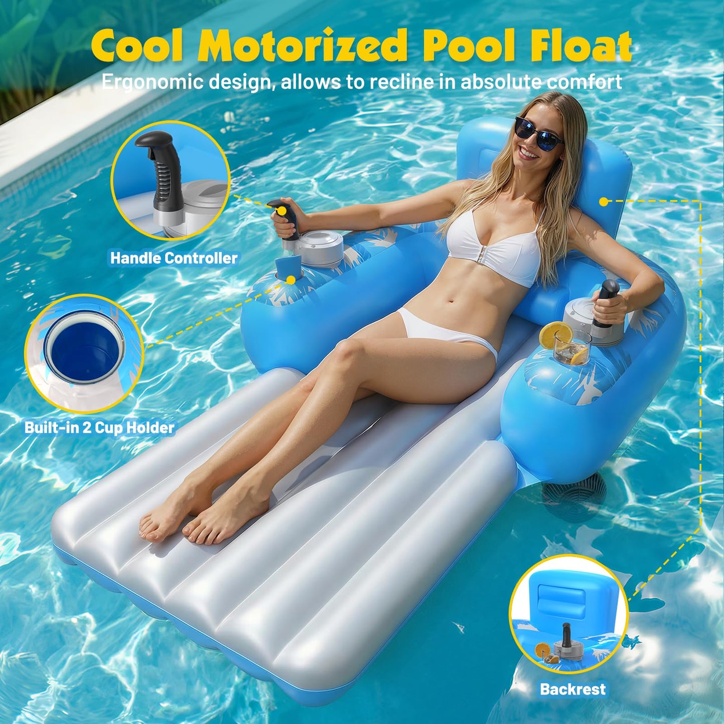 HopeRock Inflatable Motorized Pool Floats for Adults - Rechargeable Pool Lounger with Dual Motors & 2 Storage Compartments, Electric Water Lounger Float, Pool Raft Holds up to250lb, Pool Toys Adults