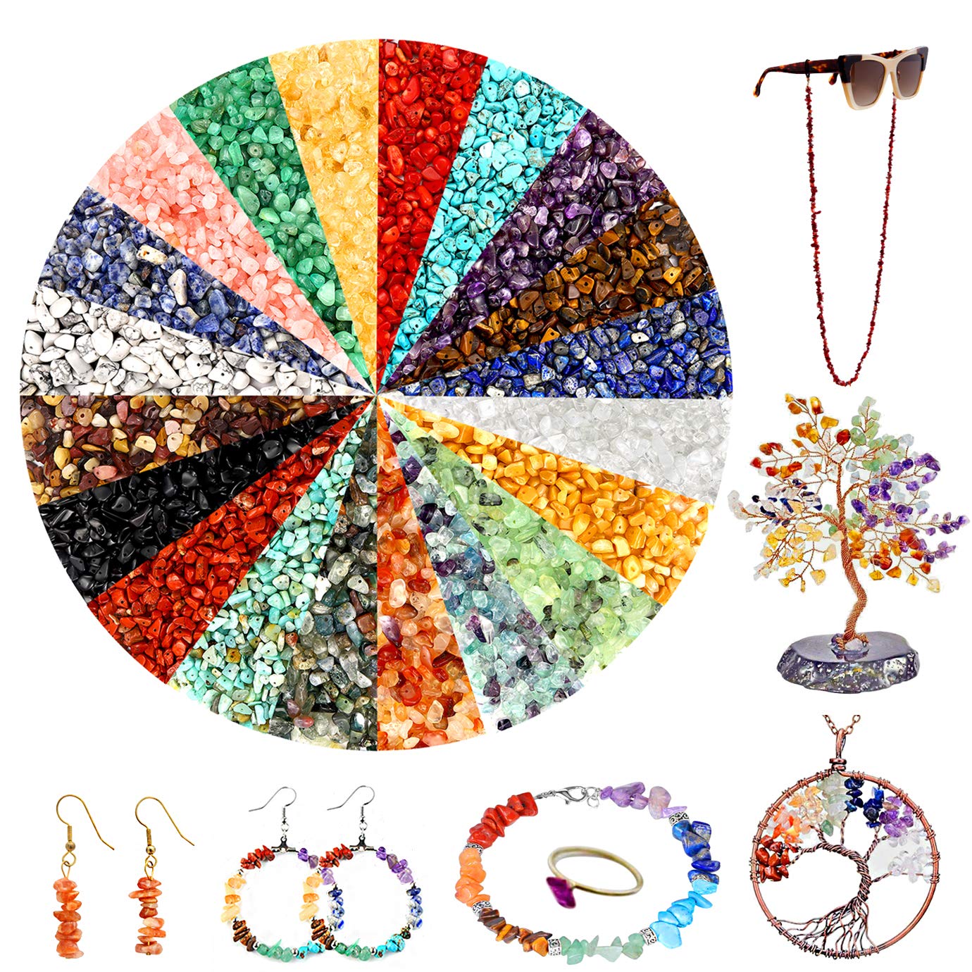 Natural Stone Chip Beads - 1200PCS Mixed Color Healing Crystal Rock Beads - 20 Colors - Hole Drilled for DIY Art Crafts (20 Colors - 1200PCS)