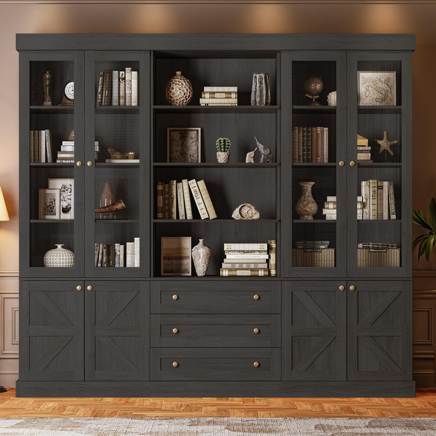 Myricore 71" Tall Farmhouse Kitchen Pantry, Large Storage Cabinet with Glass Doors, Adjustable Shelves, 3 Drawer, Wood Versatile Hutch Cabinet for Dining Room, Living Room, Black 3 Pcs