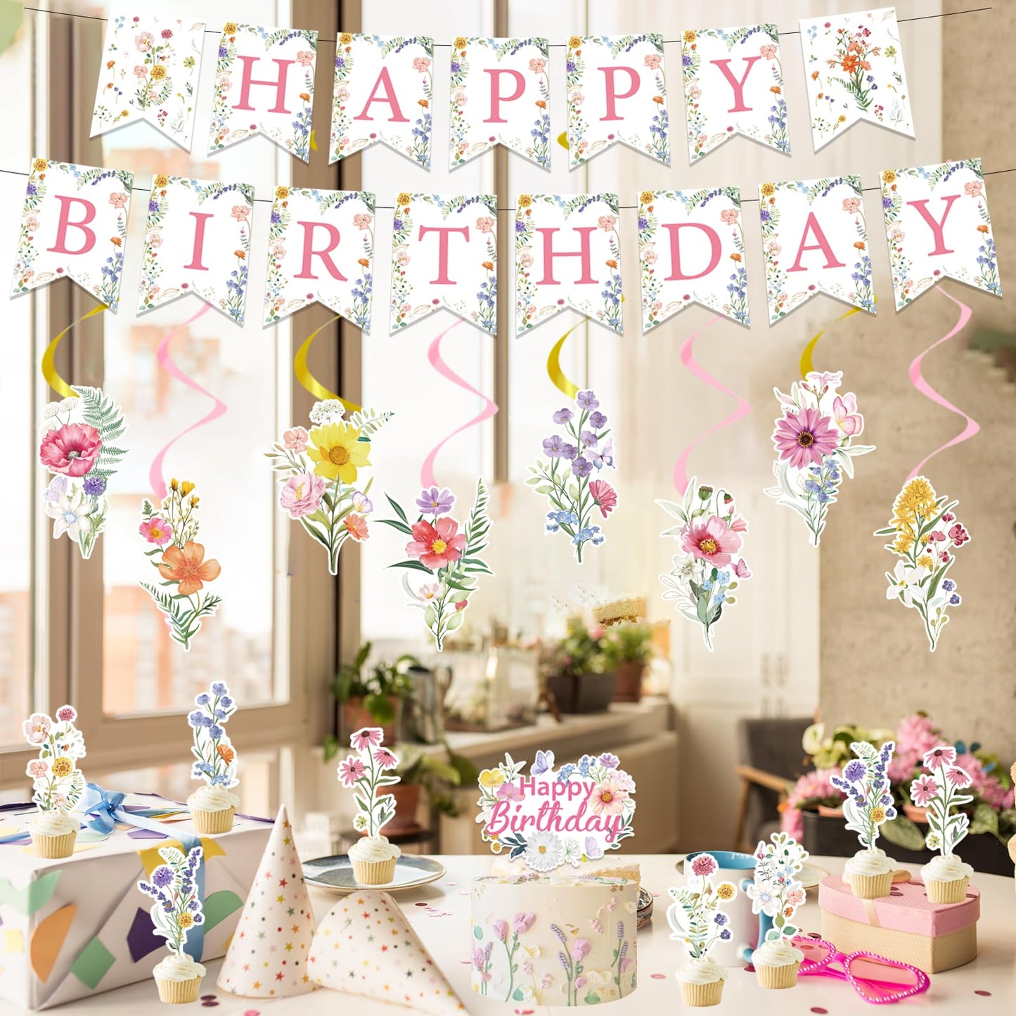 Rngmsi Wildflower Birthday Party Decorations - 35PCS Wildflower Happy Birthday Banners and Hanging Swirls Decoration for Girls Floral Cake Cupcake Toppers Party Decor Flower Theme Supplies for Women