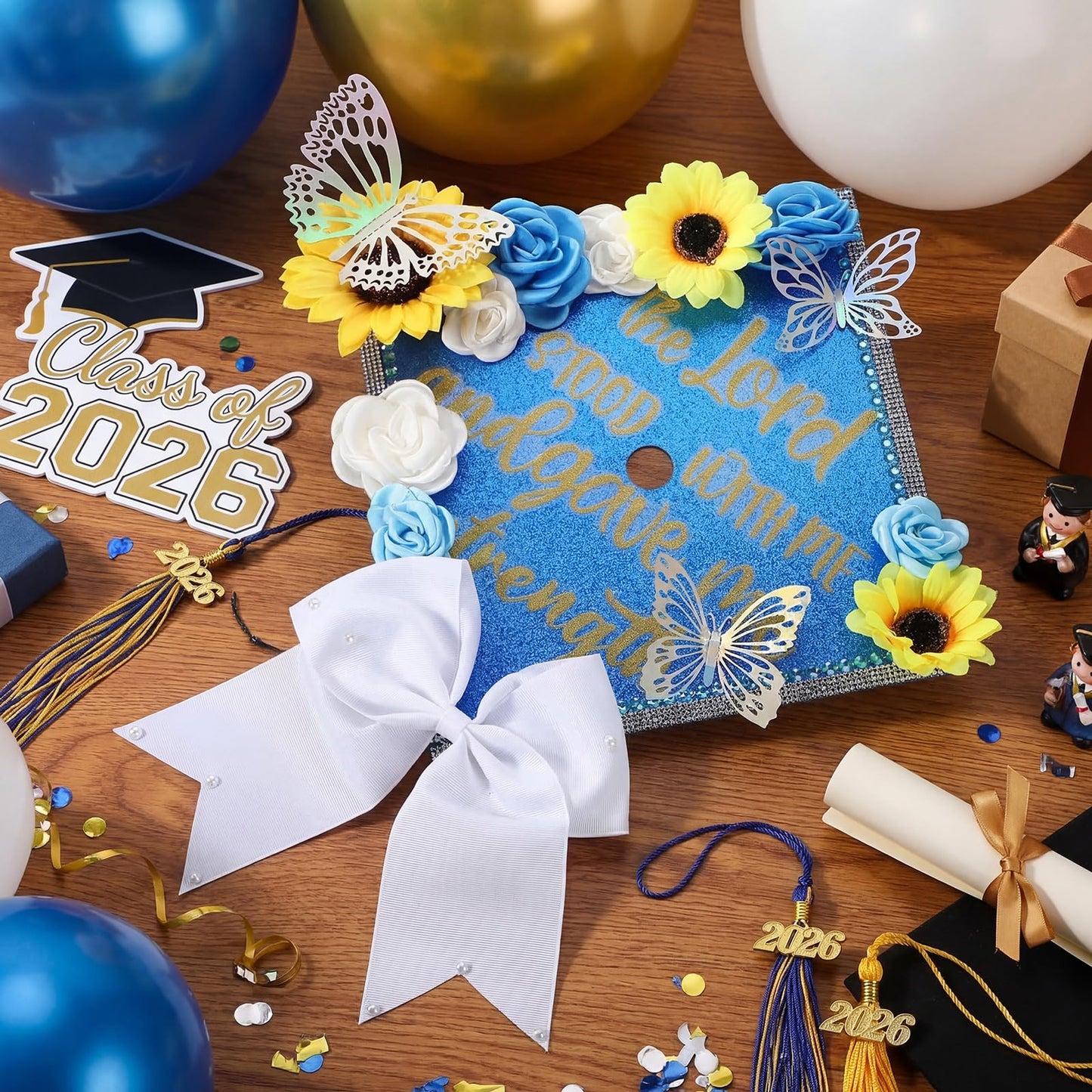Gersoniel 45 Pcs DIY Graduation Cap Decorations Kit with Faux Flower Heads Graduation Quote Glitter Sticker Bow 3D Butterfly Rhinestone Pearl Stickers for Grad Cap Topper Art Craft Gift Decor(Blue)