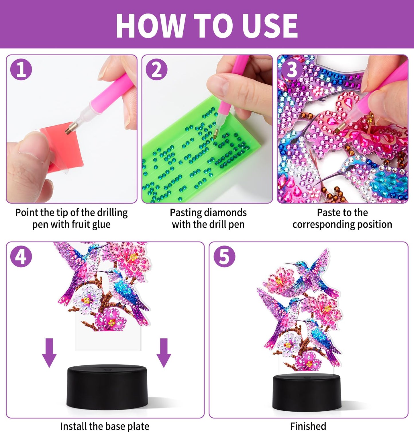 ALKALO Diamond Painting Night Light, Diamond Painting Kits for Adults Desktop Ornaments for Table Diamond Art Accessories for Adult Beginner Touch Lamp for Bedrooms Living Room-Birds