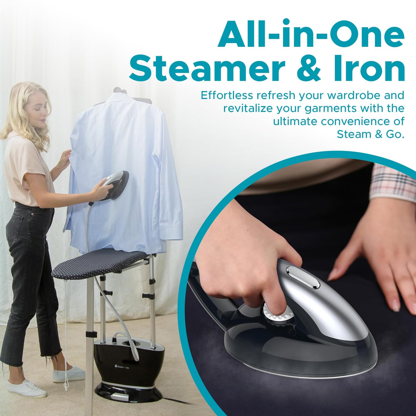 Steam & Go - All-in-One Garment Steamer and Iron, Pressurized Steamer For Clothes with Ironing Board and Clothing Hanger, Steam Iron Fabric Steamer for Wrinkles and Creases, Chemical-Free