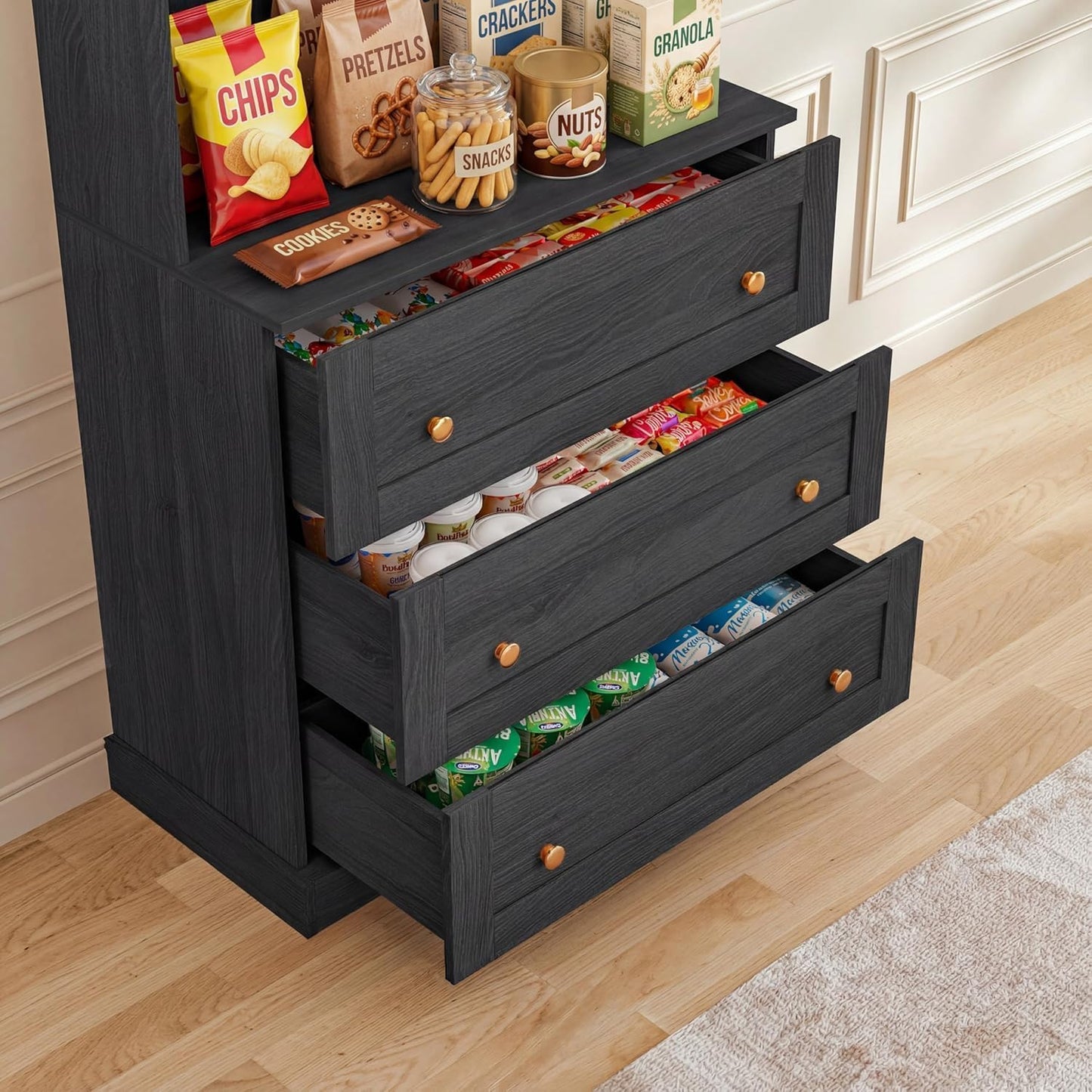 Vyre 71" Farmhouse Pantry Cabinet Set of 3, Large Storage Hutch with Glass Doors, Drawers and Adjustable Shelves, Freestanding Coffee Bar with Microwave Stand for Kitchen or Living Room, Black