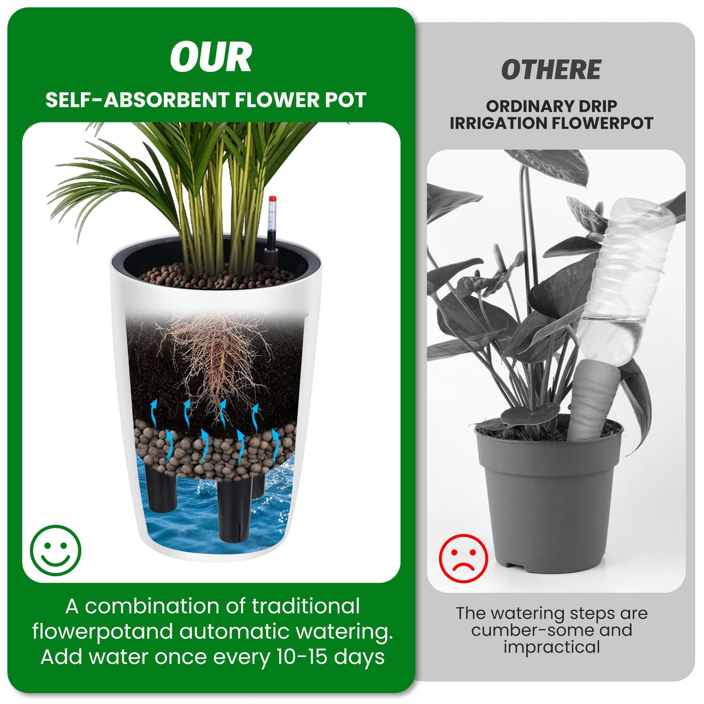 Garvee Tall Planters for Outdoor Plants, 16 in Large Planters Set of 2, Outdoor & Indoor Planters with Water Level Monitor ＆ Inner Bucket, Automatic Watering, for Porch, Patio, Backyard, White