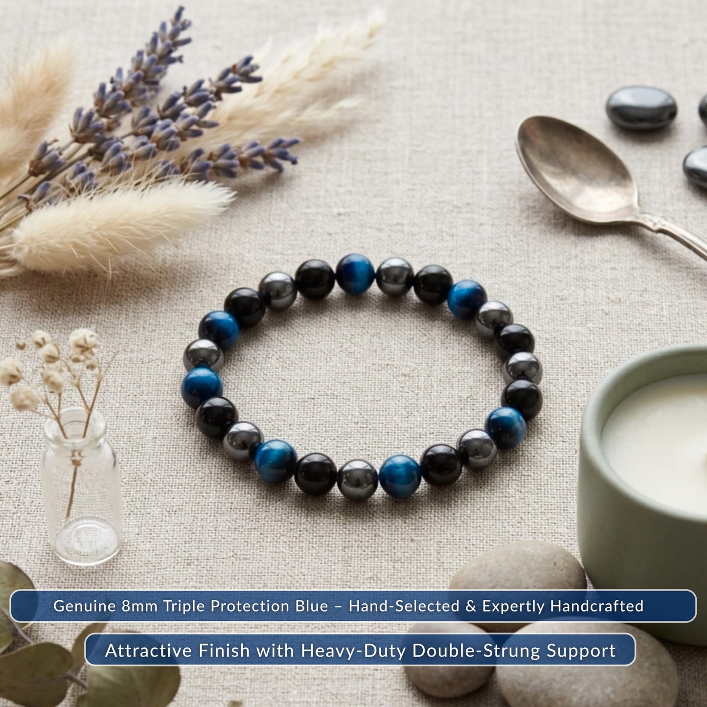 Cherry Tree Collection Triple Protection Blue Beaded Bracelet – Genuine 8mm Gemstone Stretch Bracelet for Men & Women – Handmade Crystal Bracelet - (Triple Protection Blue - S)