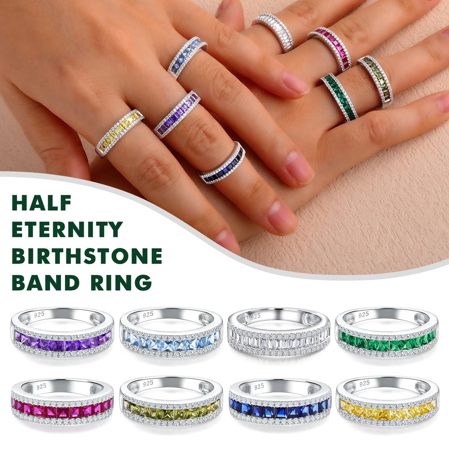 RANDES Citrine Ring 925 Sterling Silver Band Rings for Women Channel Set Princess Cut Eternity Band November Birthstone Ring Size 10