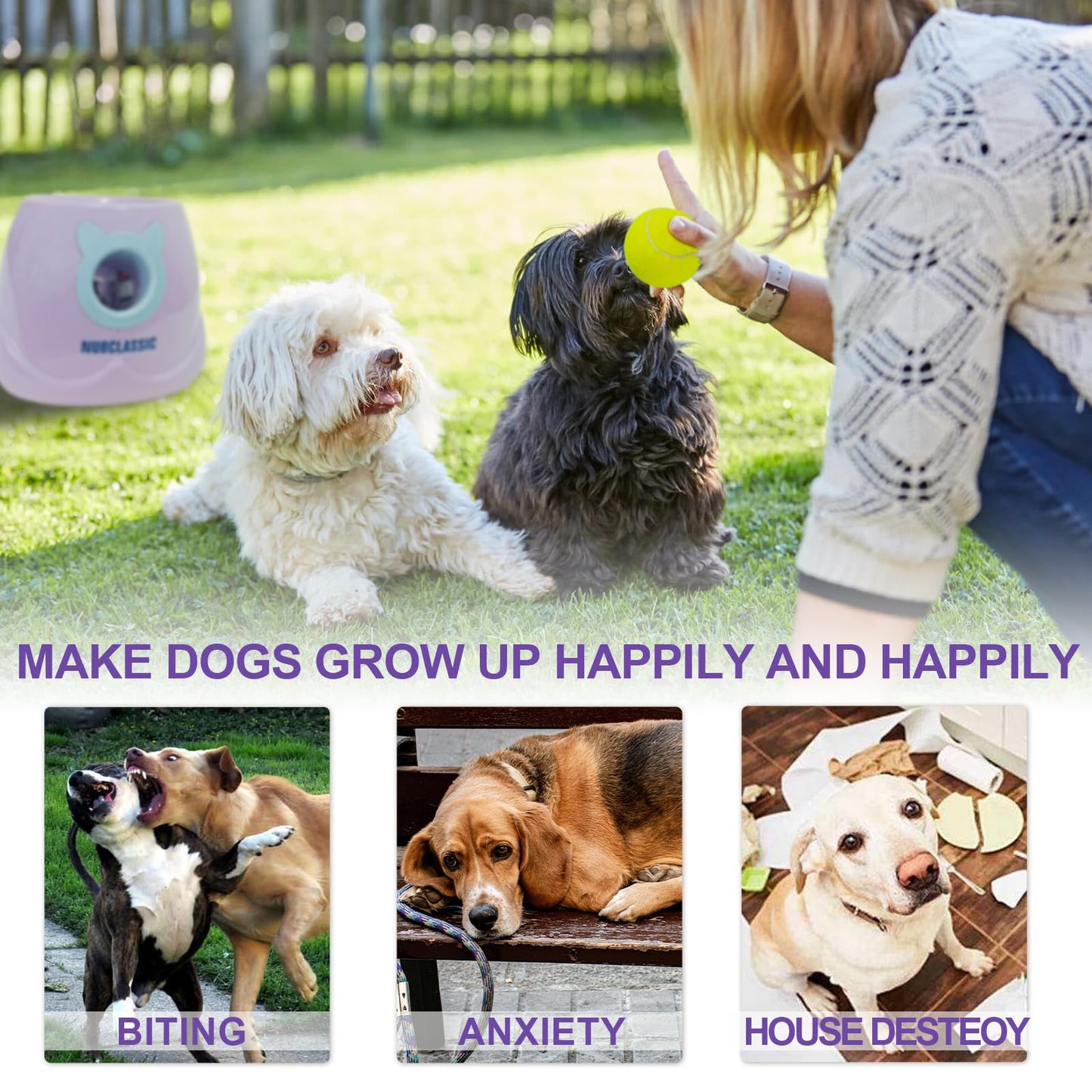 BESTHLS Automatic Dog Ball Launcher & 22pcs 2inch Tennis/Rubber Ball for Small Medium Dogs Fetching Distance 10-30ft (Purple)