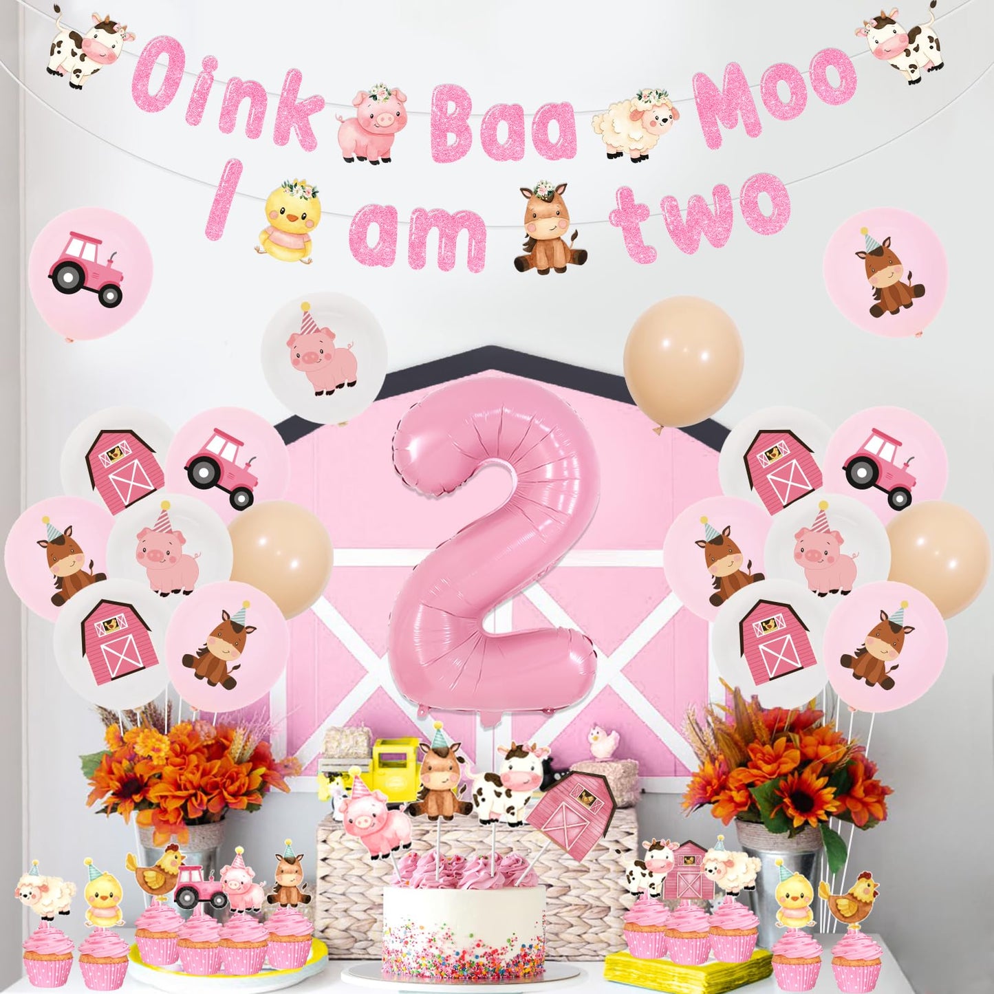 Farm 2nd Birthday Decorations for Girl - Oink Baa Moo Im Two Backdrop, Banner, Farm Animal Cake Topper, Cupcake Toppers, Balloons, Pink Farm Moo Moo I Am Two Barnyard Birthday Party Supplies