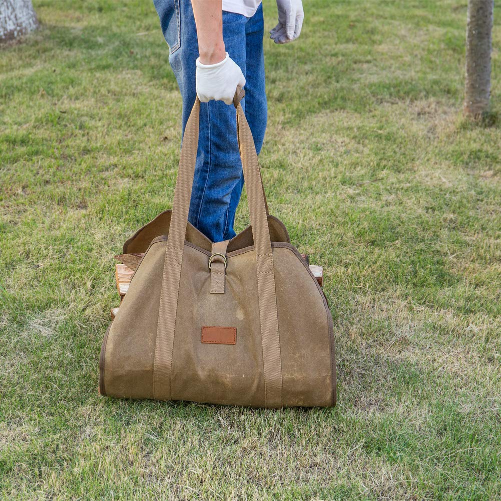 Geisofu Firewood Carrier, Waxed Canvas Bag, Heavy Duty Tote Bag for Logs, Wood Carrying, Fireplace Carrier for Wood Stove Accessories, Log In Firewood Carrier Holder