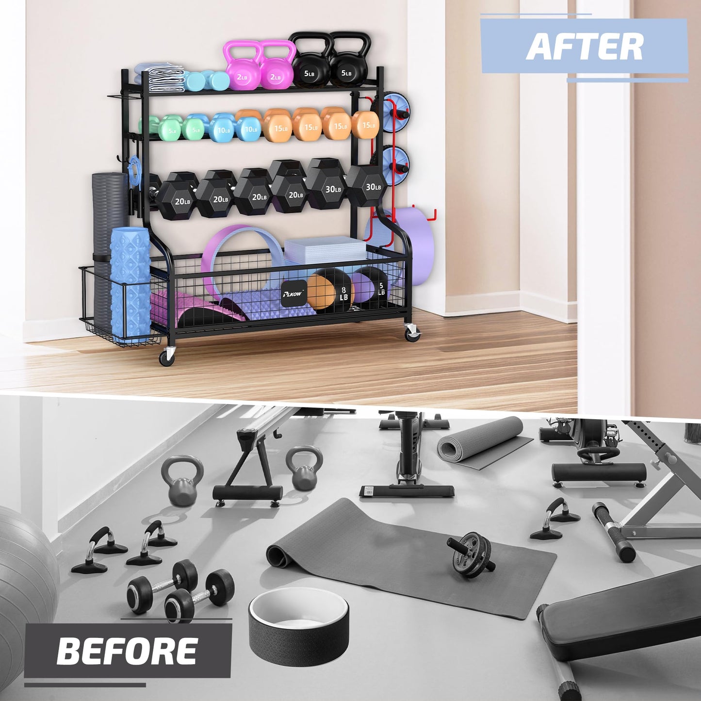 PLKOW Extra Wide Dumbbell Rack, Upgraded Weight Rack for Dumbbells Kettlebells Yoga Mat and Balls, Heavy Duty Home Gym Storage with Wheels and Hooks, Large Capacity Workout Organizer
