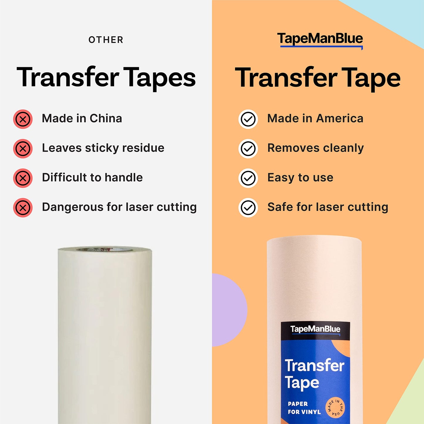 TapeManBlue 12" x 100' Roll of Paper Transfer Tape for Vinyl, Made in America, Premium-Grade Transfer Paper for Vinyl with Layflat Adhesive for Crafts, Decals, and Letters