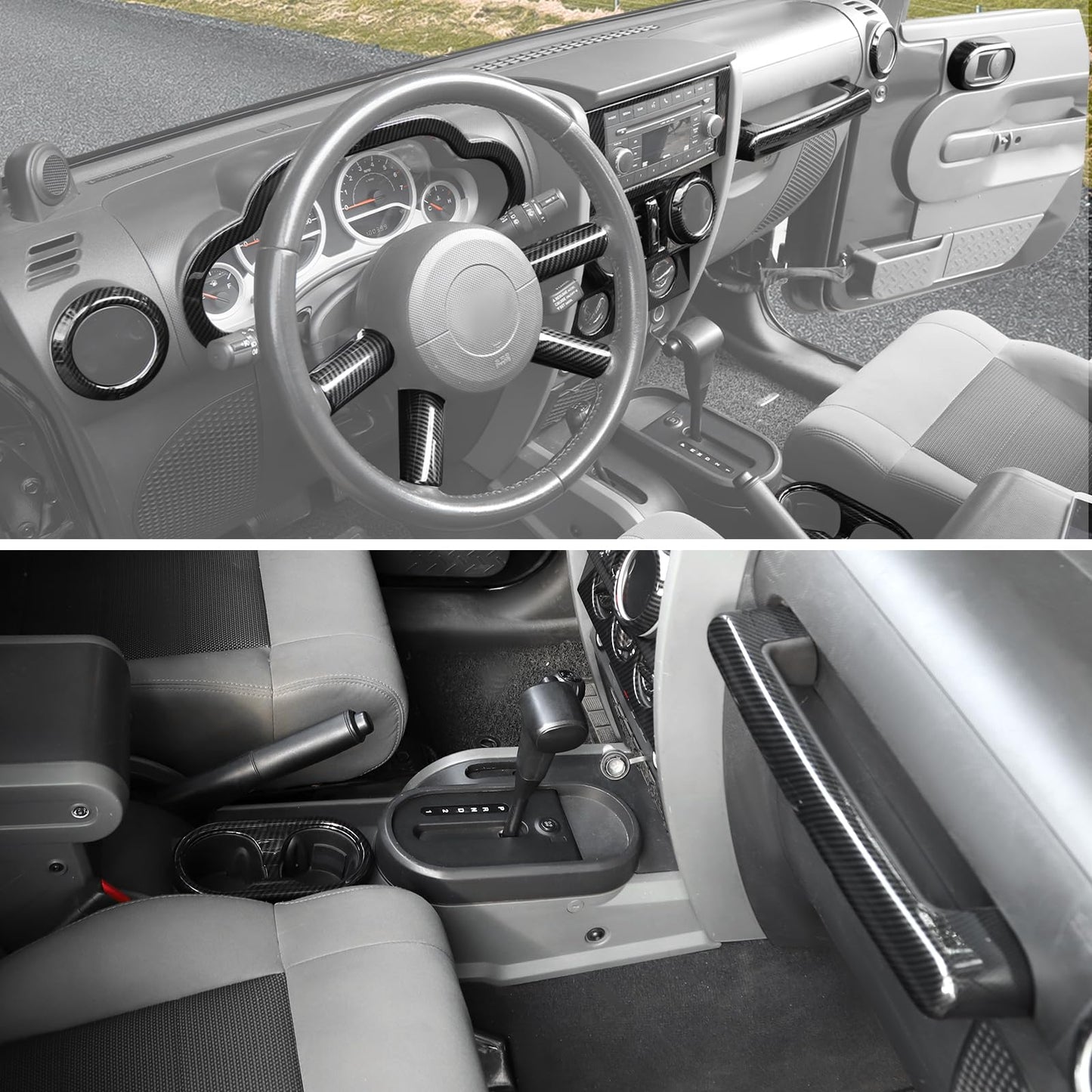CheroCar Full Set Interior Decoration Trim Kit Fit for Jeep Wrangler JK 07-2010 Carbon Fiber Interior Accessories